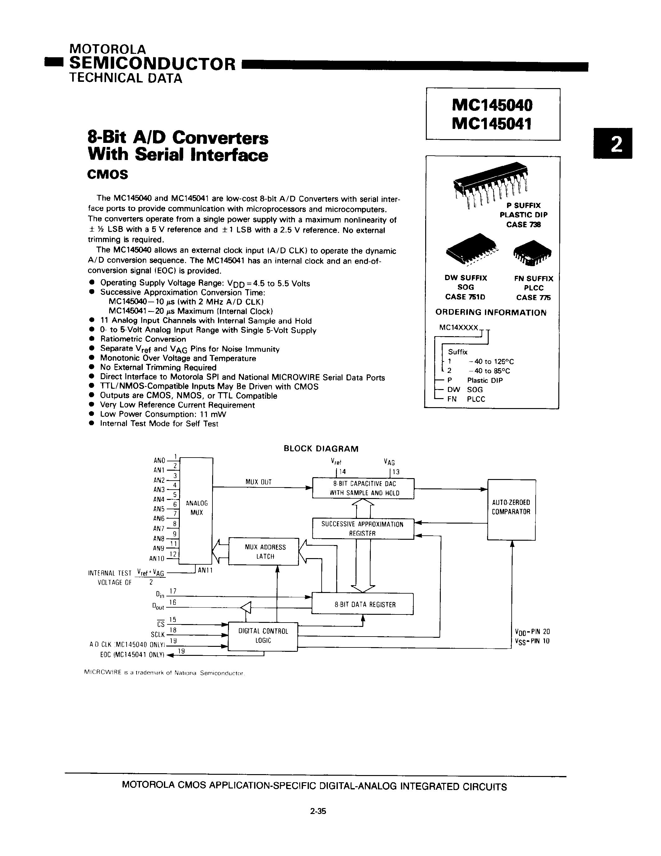 Datasheet MC145040 - (MC145040 / MC145041) 8-Bit A/D Converters With Serial Interface page 1