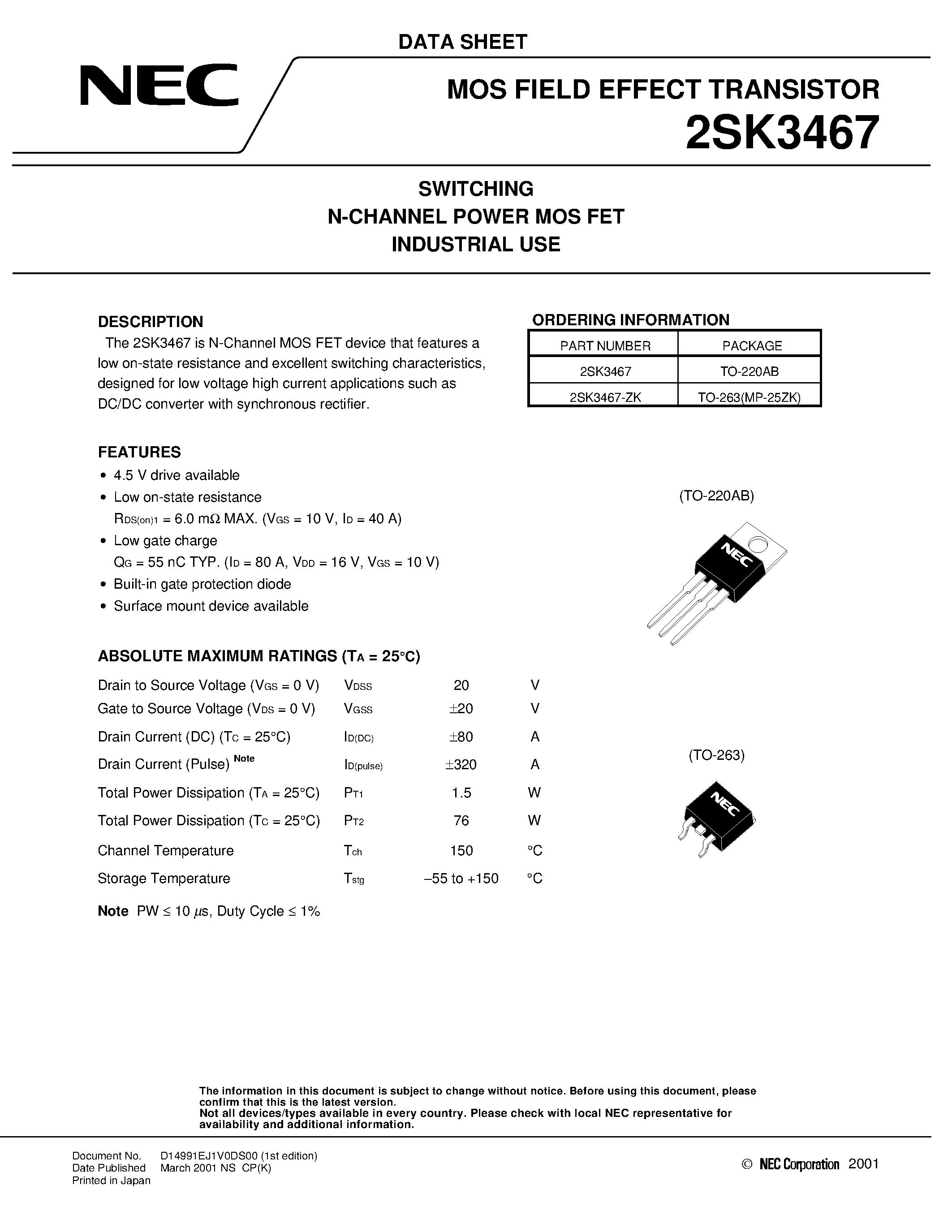 Datasheet 2SK3467 - SWITCHING N-CHANNEL POWER MOSFET INDUSTRIAL USE page 1