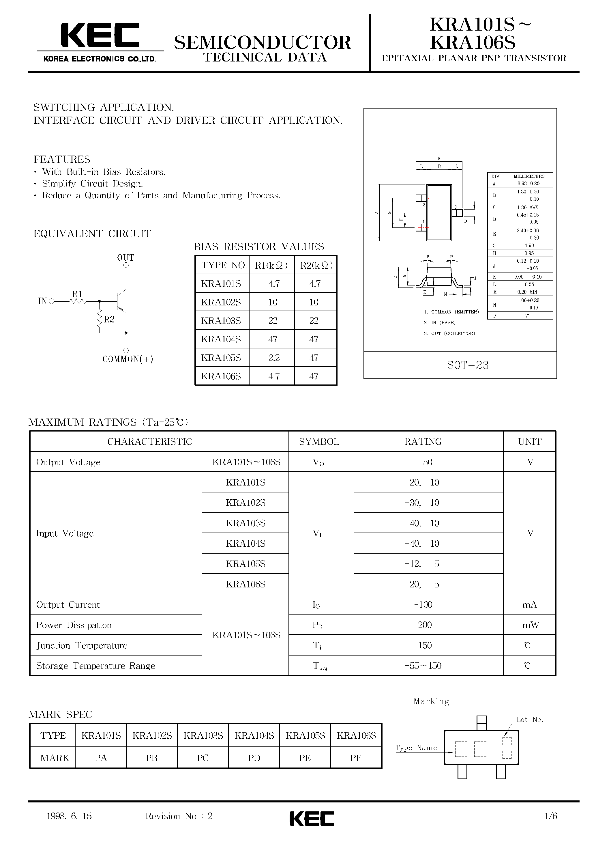 Datasheet KRA101S - (KRA101S - KRA106S) EPITAXIAL PLANAR PNP TRANSISTOR page 1