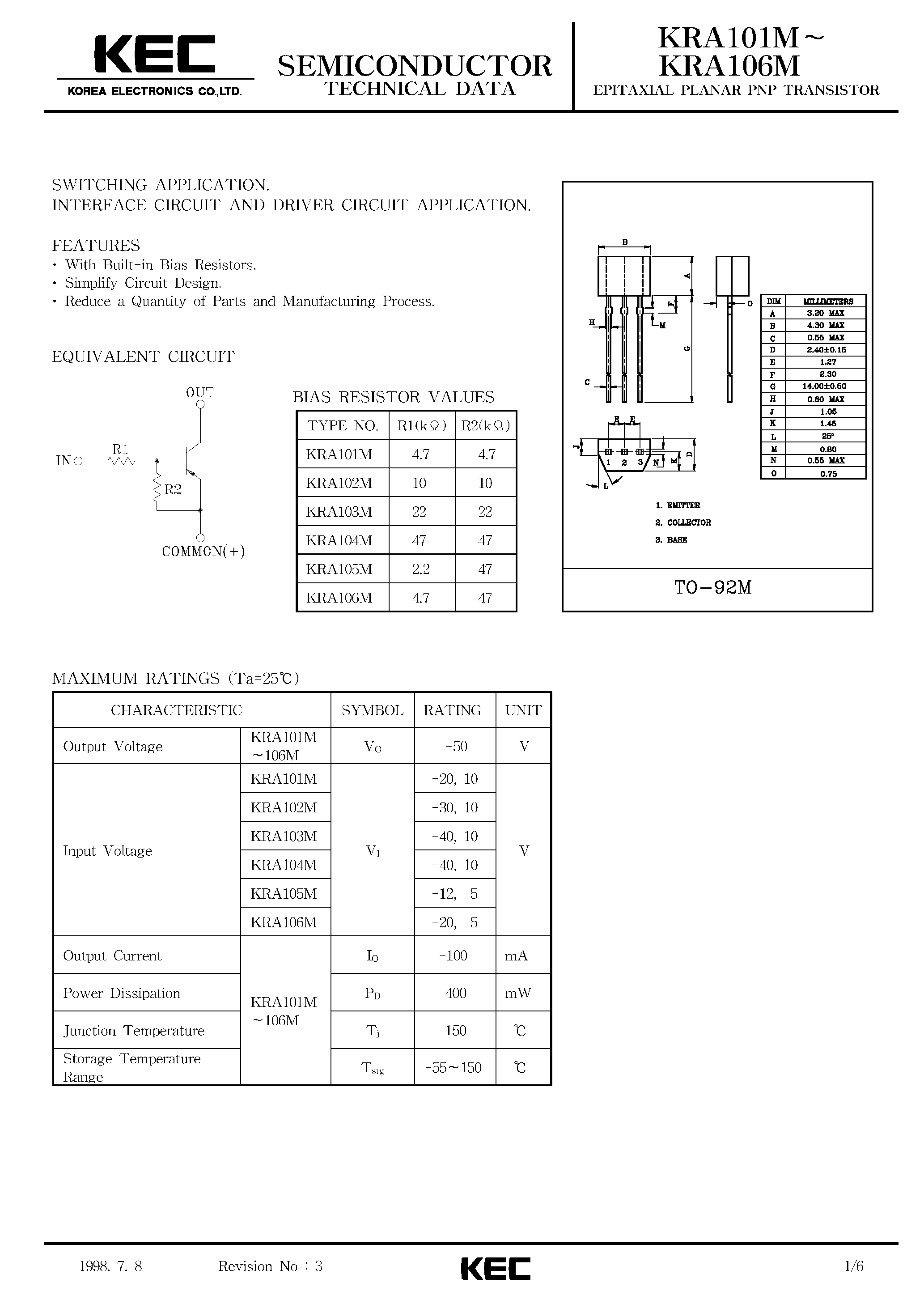 Datasheet KRA101M - (KRA101M - KRA106M) EPITAXIAL PLANAR PNP TRANSISTOR page 1