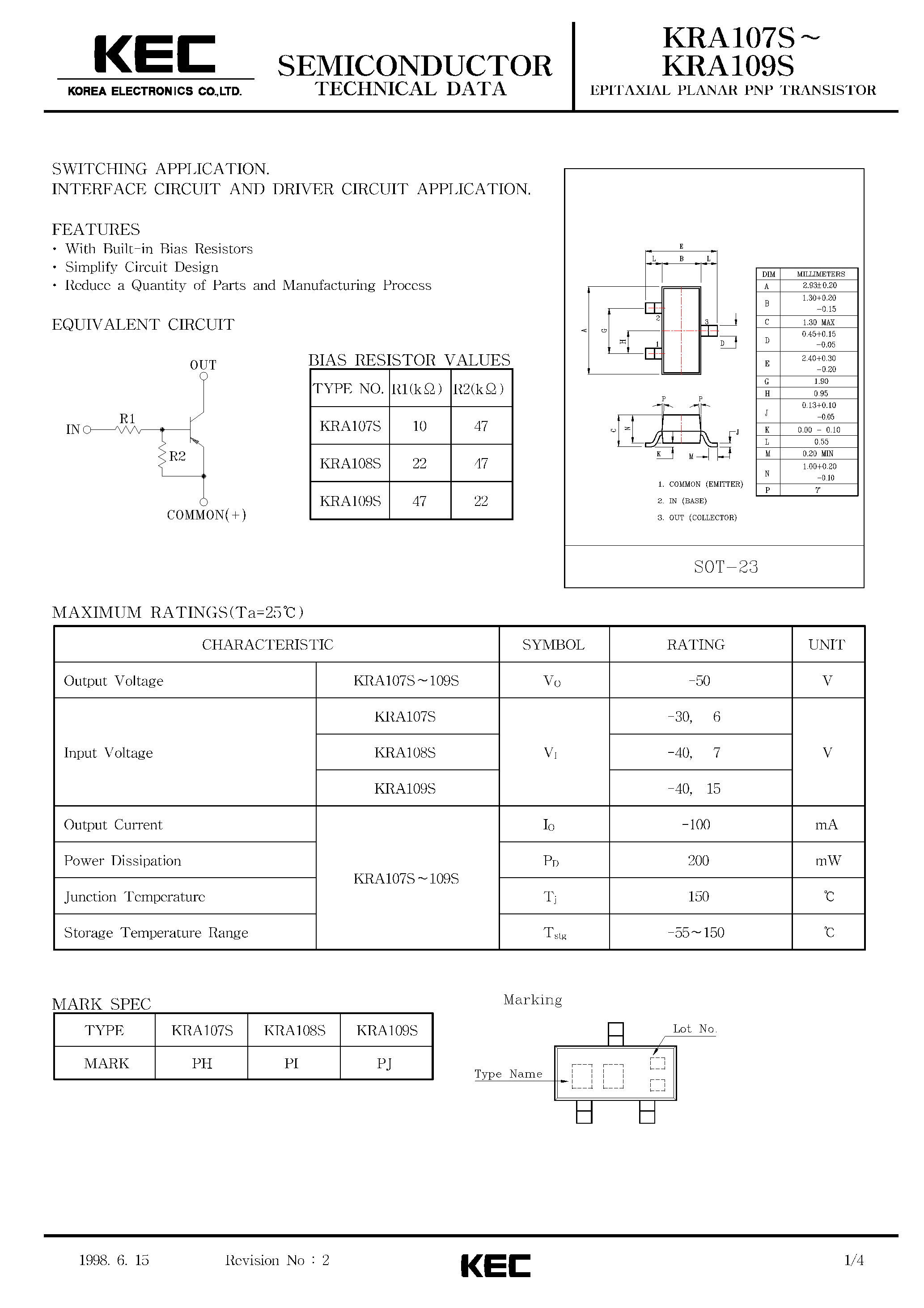 Datasheet KRA107S - (KRA107S - KRA109S) EPITAXIAL PLANAR PNP TRANSISTOR page 1