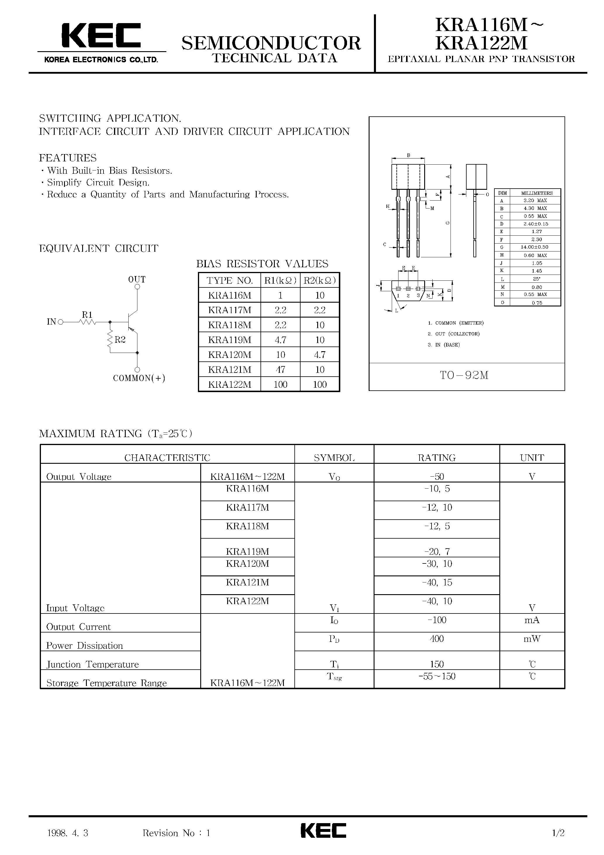 Datasheet KRA116M - (KRA116M - KRA122M) EPITAXIAL PLANAR PNP TRANSISTOR page 1
