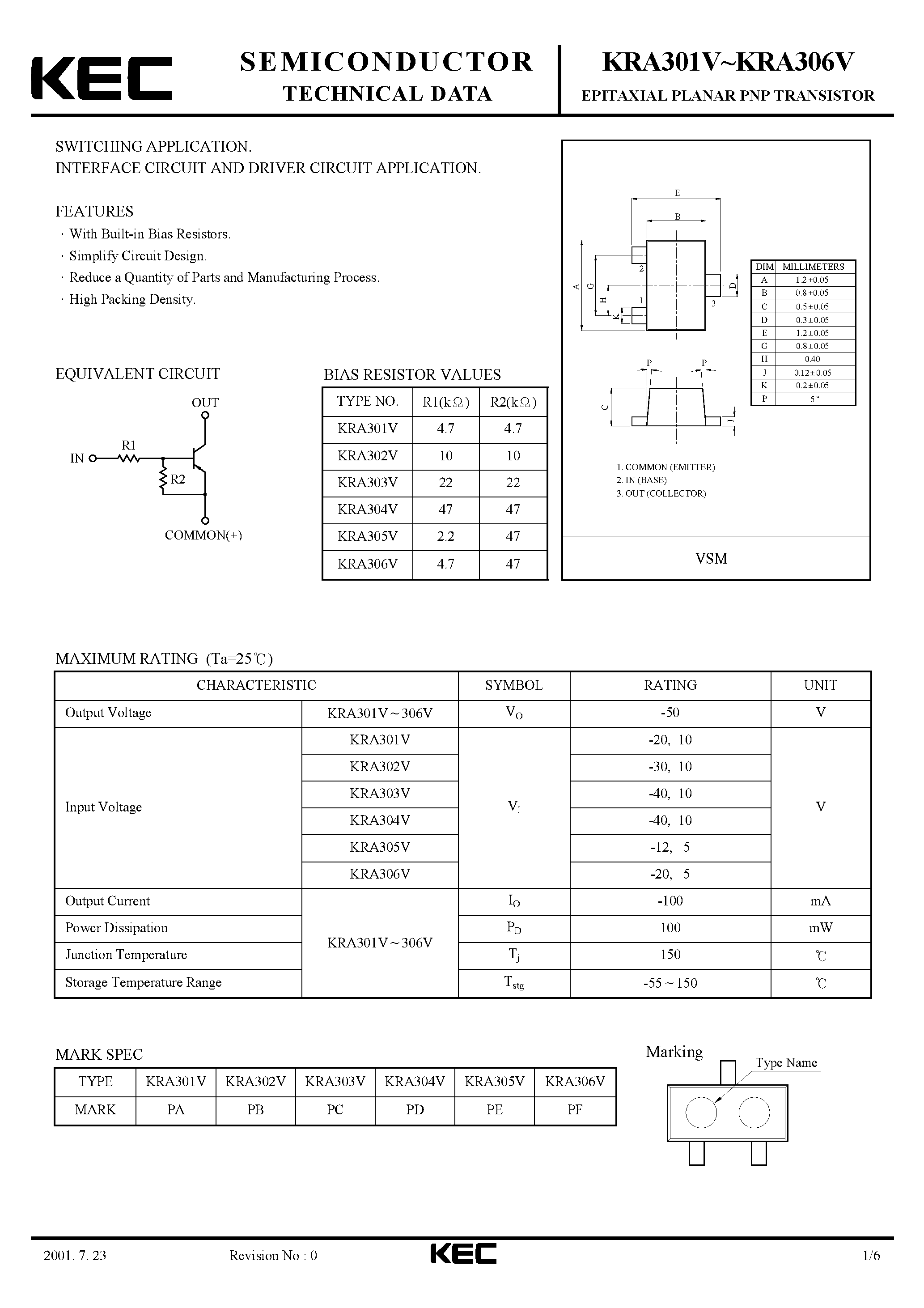 Datasheet KRA301V - (KRA301V - KRA306V) EPITAXIAL PLANAR PNP TRANSISTOR page 1