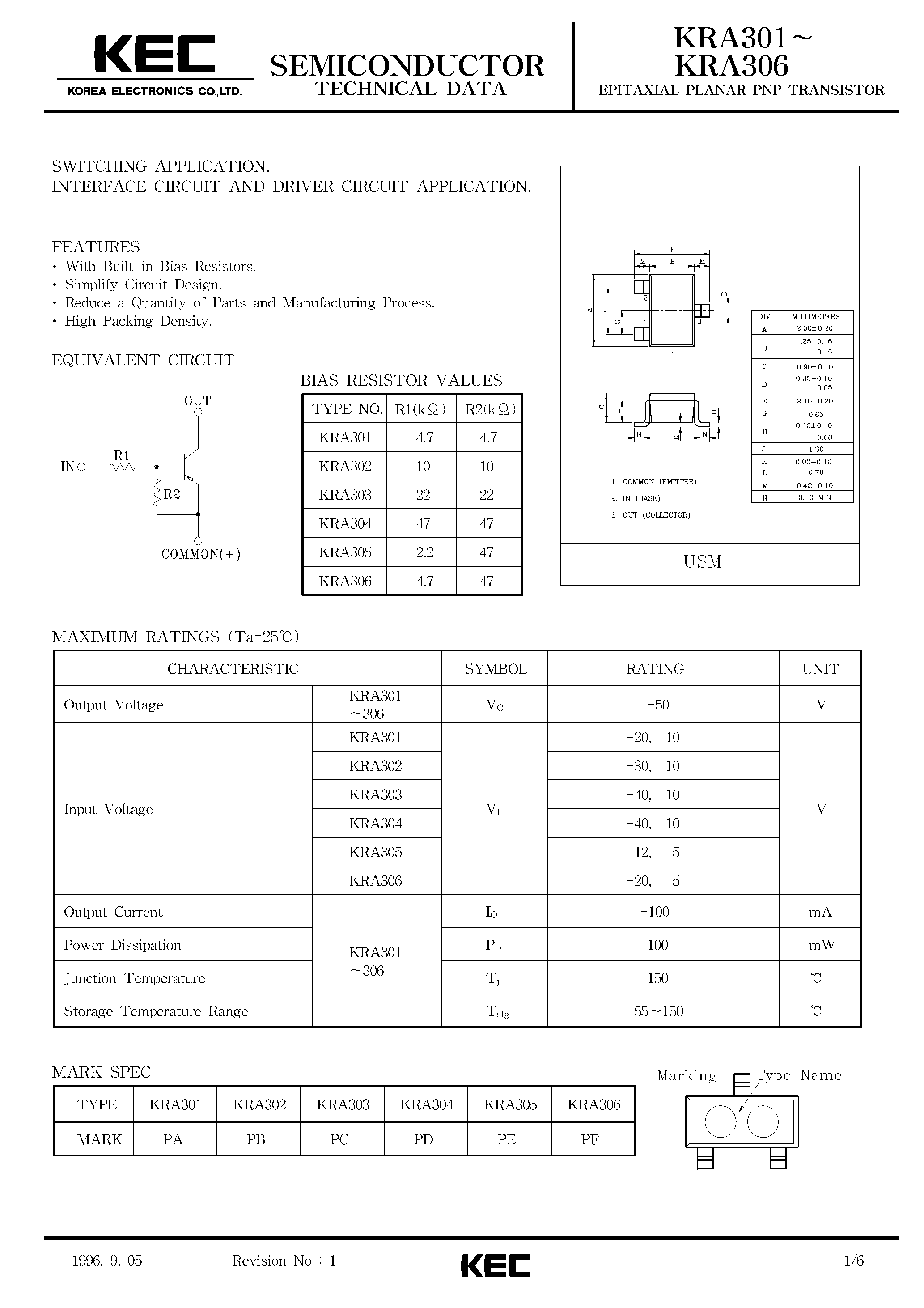 Datasheet KRA301 - (KRA301 - KRA306) EPITAXIAL PLANAR PNP TRANSISTOR page 1