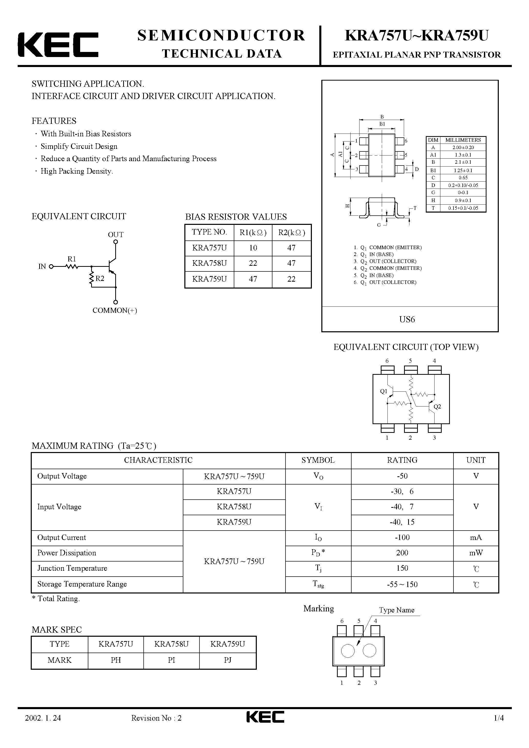Datasheet KRA757U - (KRA757U - KRA759U) EPITAXIAL PLANAR PNP TRANSISTOR page 1