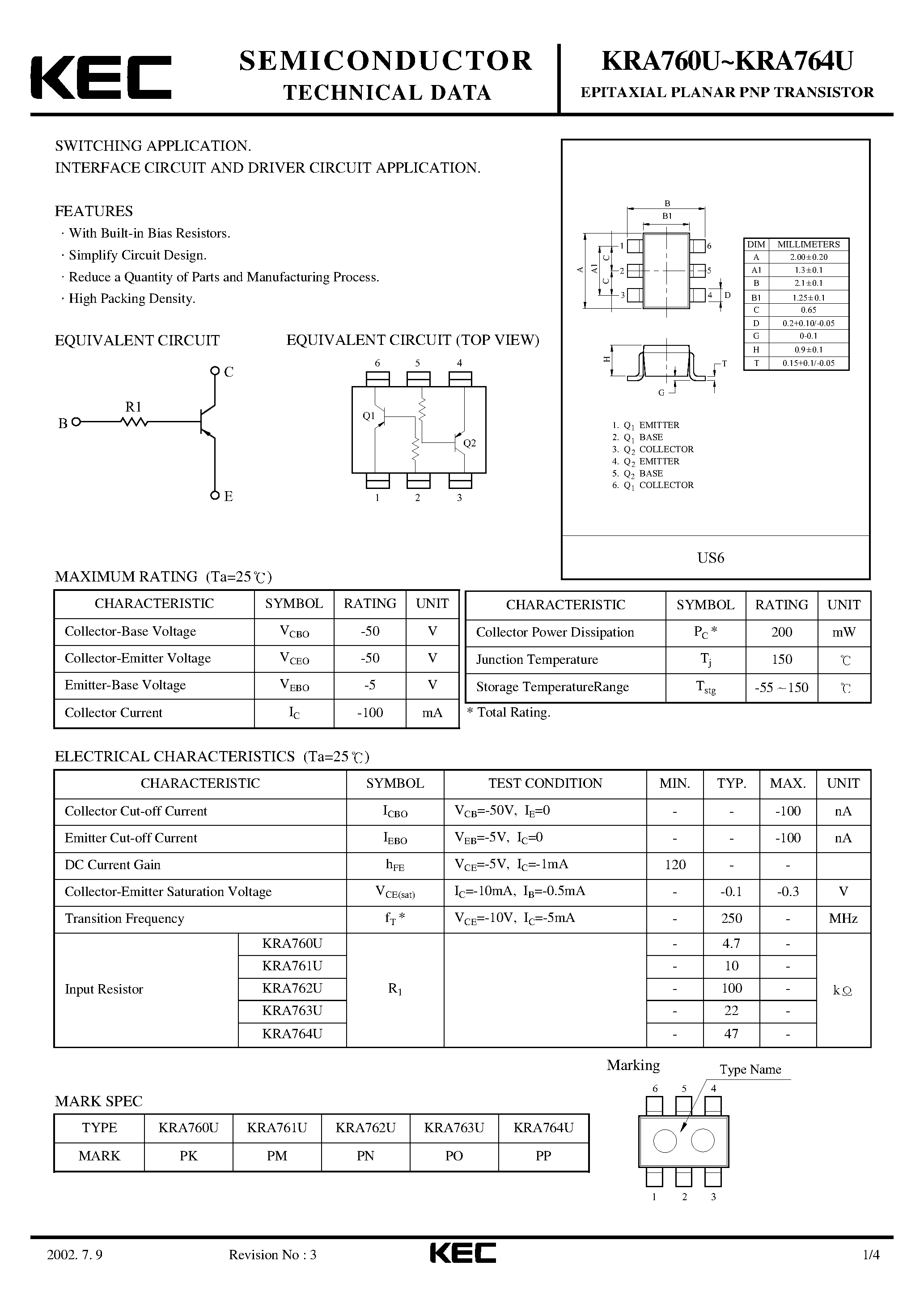 Datasheet KRA760U - (KRA760U - KRA764U) EPITAXIAL PLANAR PNP TRANSISTOR page 1