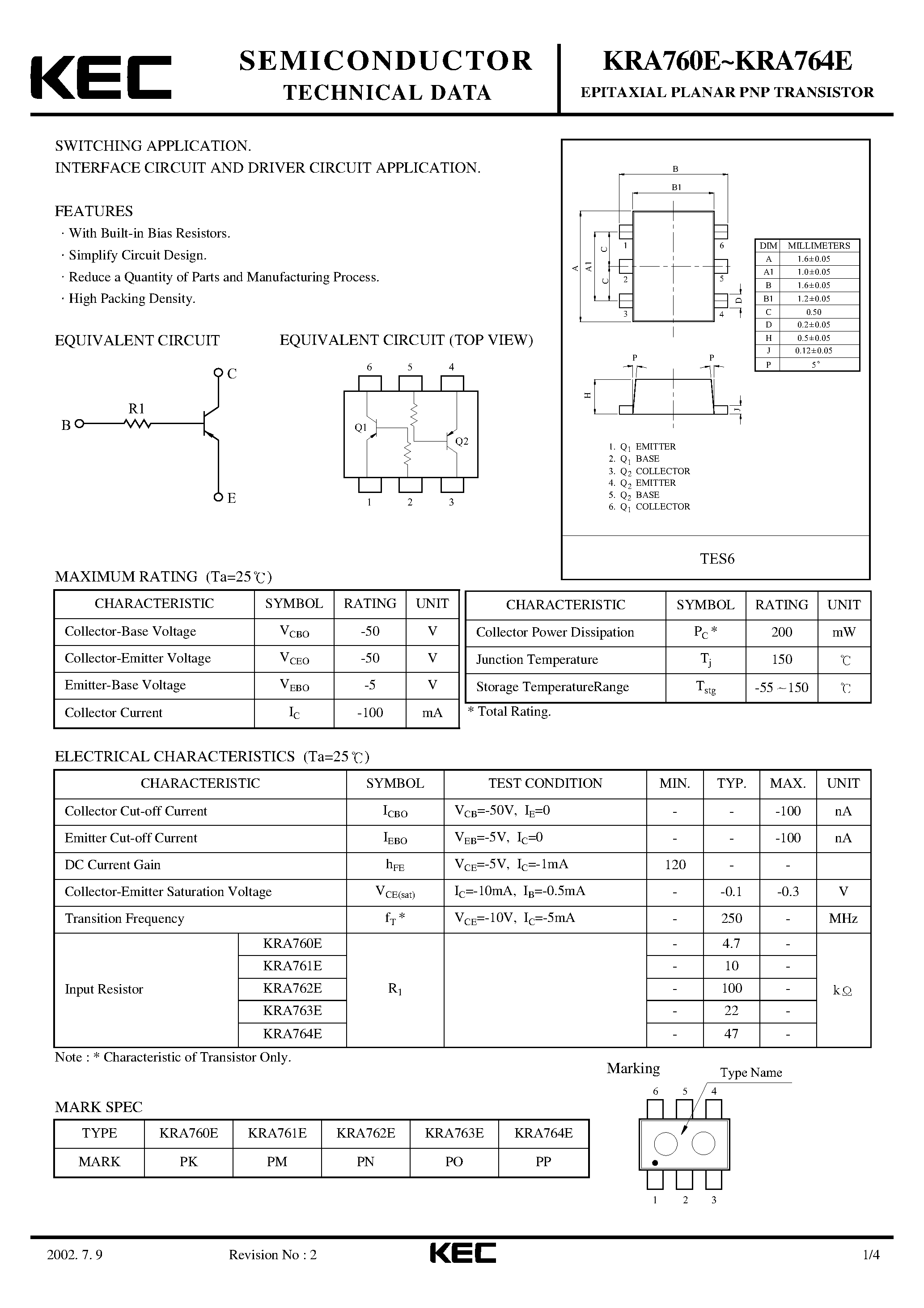 Datasheet KRA760E - (KRA760E - KRA764E) EPITAXIAL PLANAR PNP TRANSISTOR page 1
