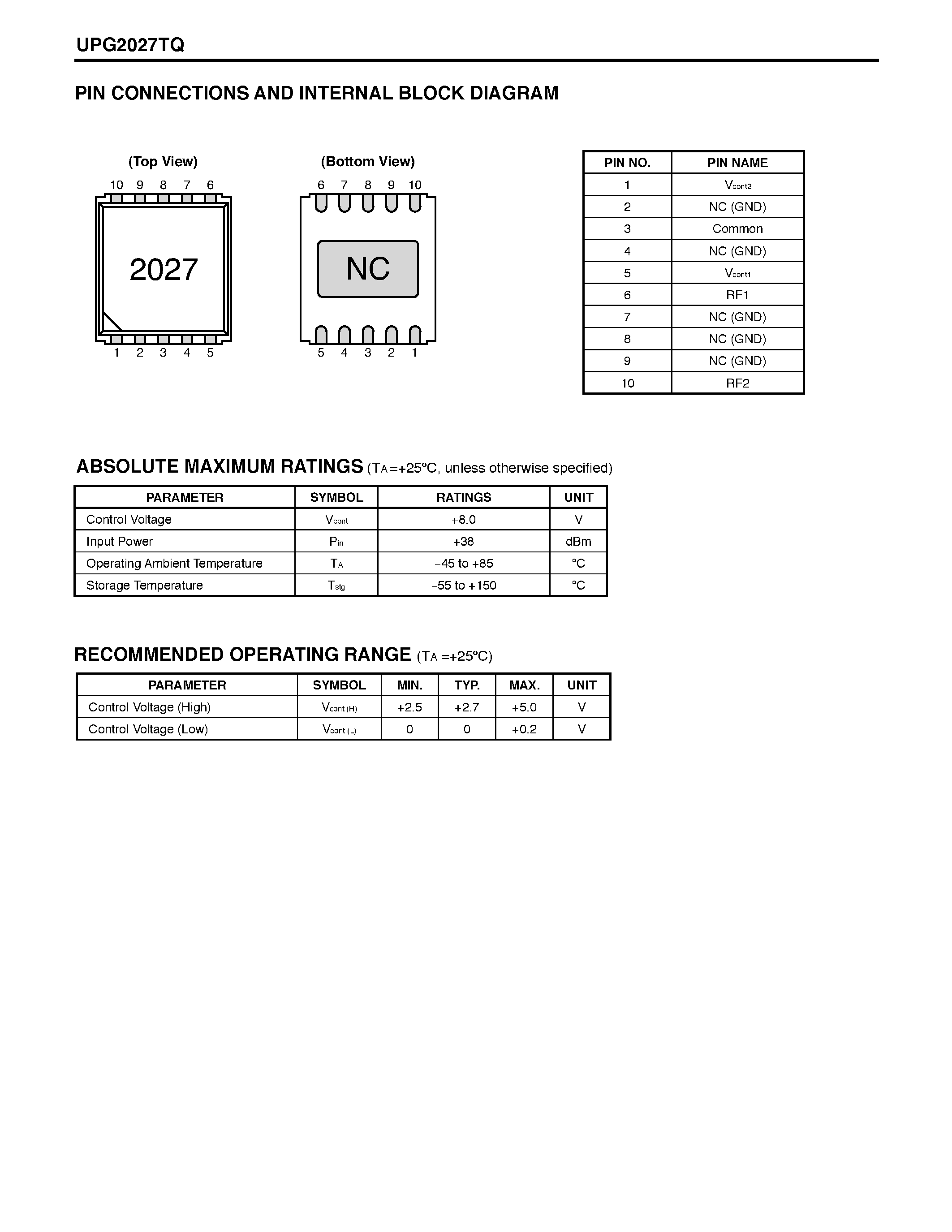 Datasheet UPG2027TQ - NECs L-BAND 4W HIGH POWER SPDT SWITCH IC page 2