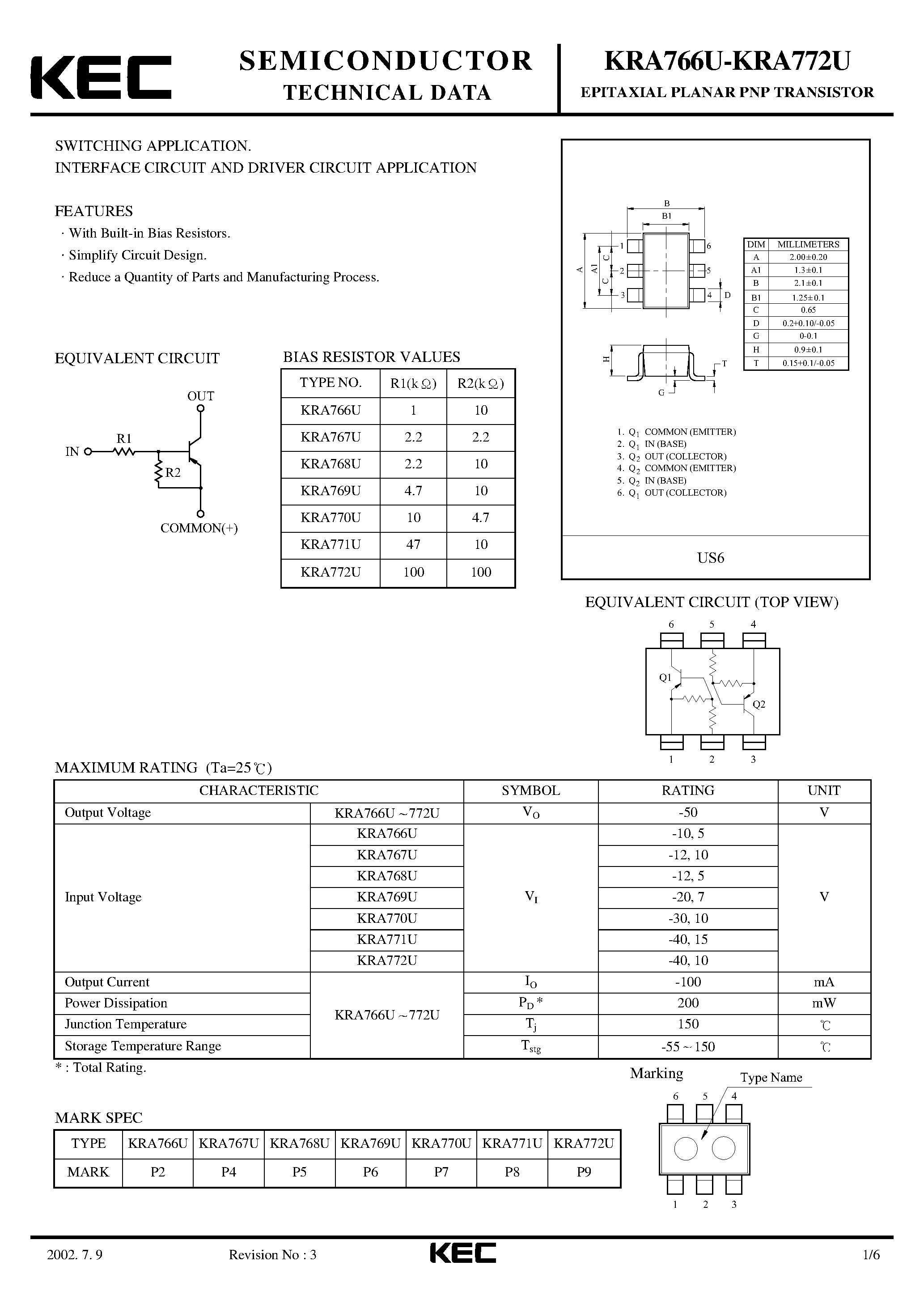 Datasheet KRA766U - (KRA766U - KRA772U) EPITAXIAL PLANAR PNP TRANSISTOR page 1