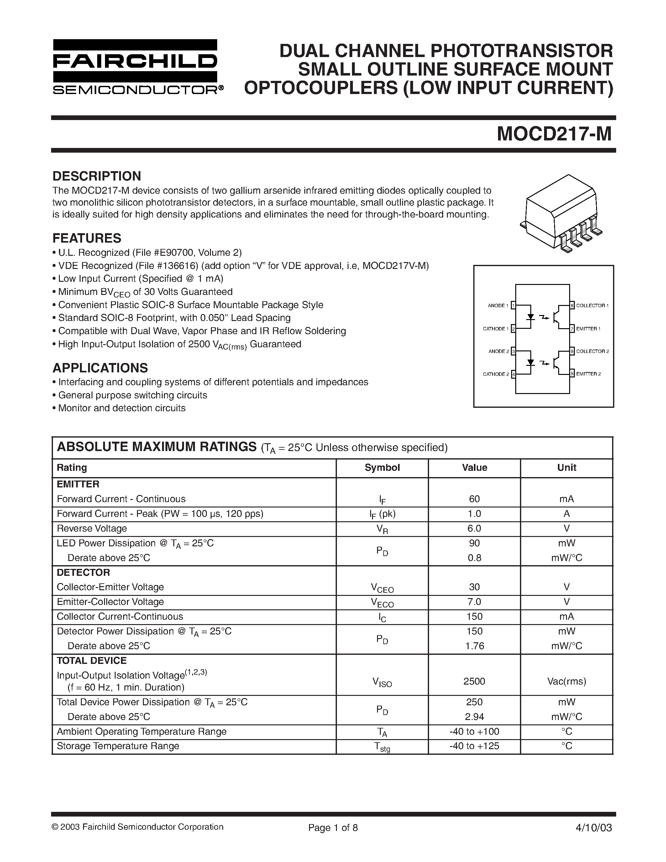 Даташит MOCD217-M - DUAL CHANNEL PHOTOTRANSISTOR SMALL OUTLINE SURFACE MOUNT OPTOCOUPLERS страница 1