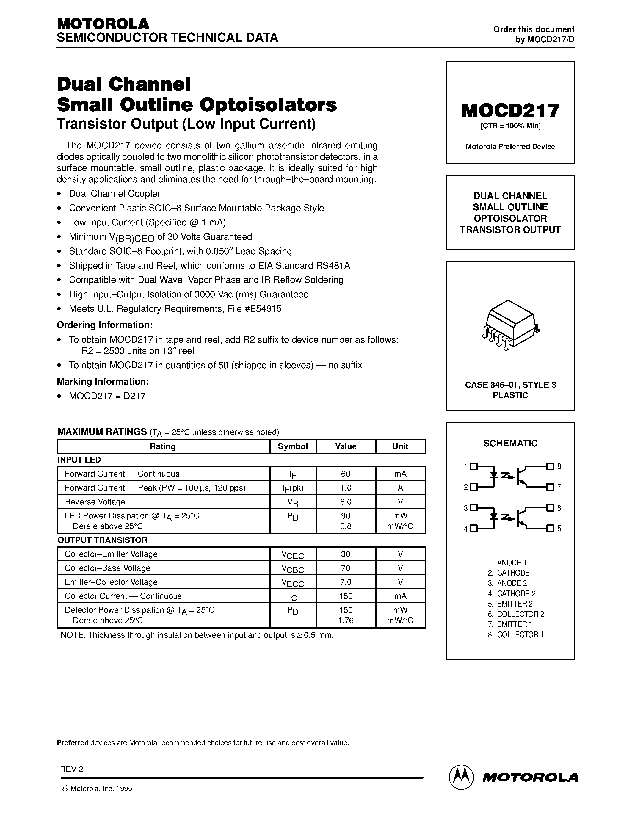 Даташит MOCD217 - DUAL CHANNEL SMALL OUTLINE OPTOISOLATOR TRANSISTOR OUTPUT страница 1