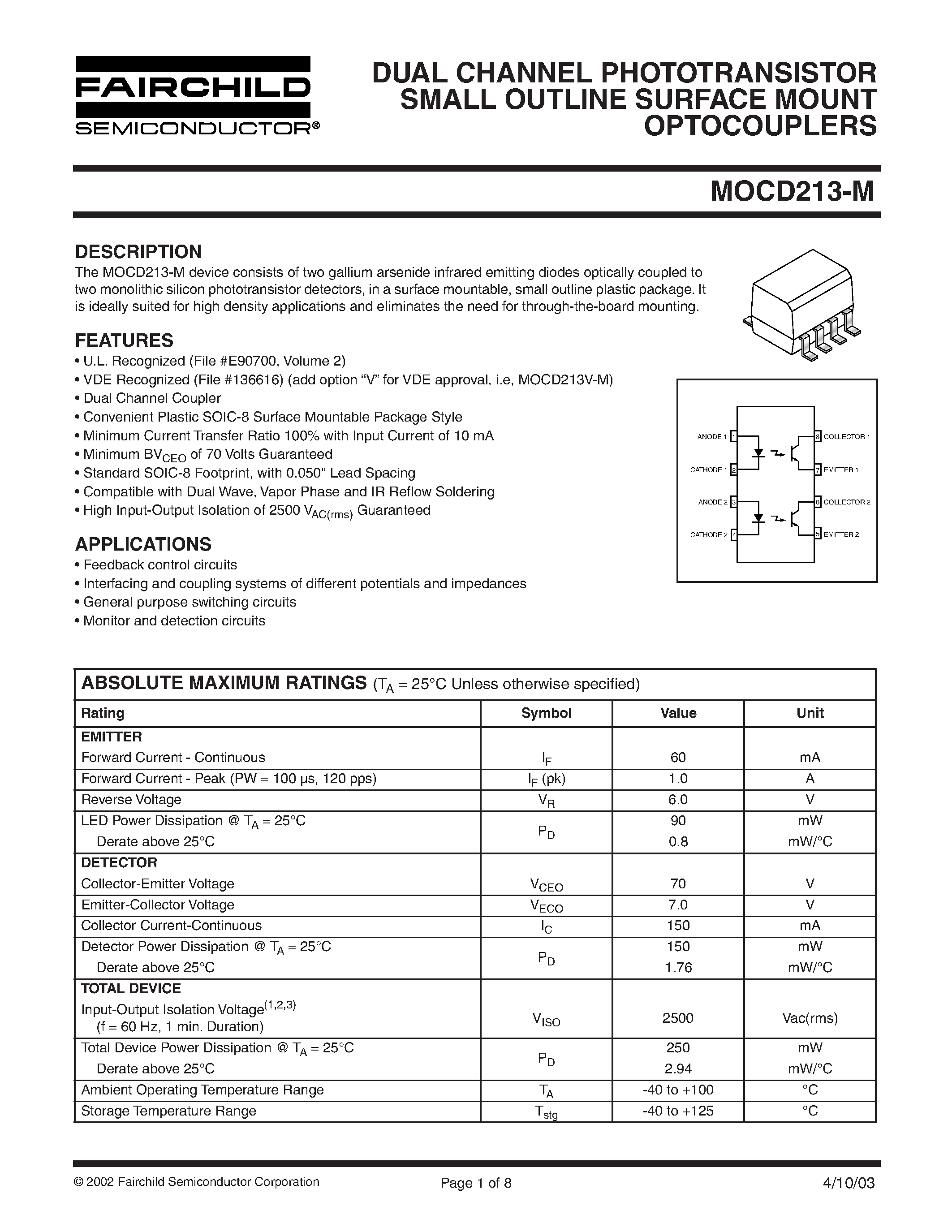 Даташит MOCD213-M - DUAL CHANNEL PHOTOTRANSISTOR SMALL OUTLINE SURFACE MOUNT OPTOCOUPLERS страница 1