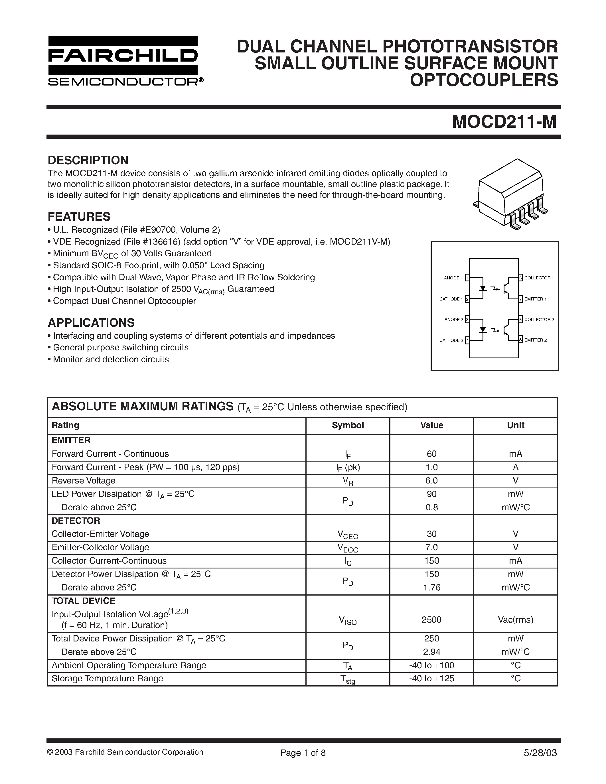 Даташит MOCD211-M - DUAL CHANNEL PHOTOTRANSISTOR SMALL OUTLINE SURFACE MOUNT OPTOCOUPLERS страница 1