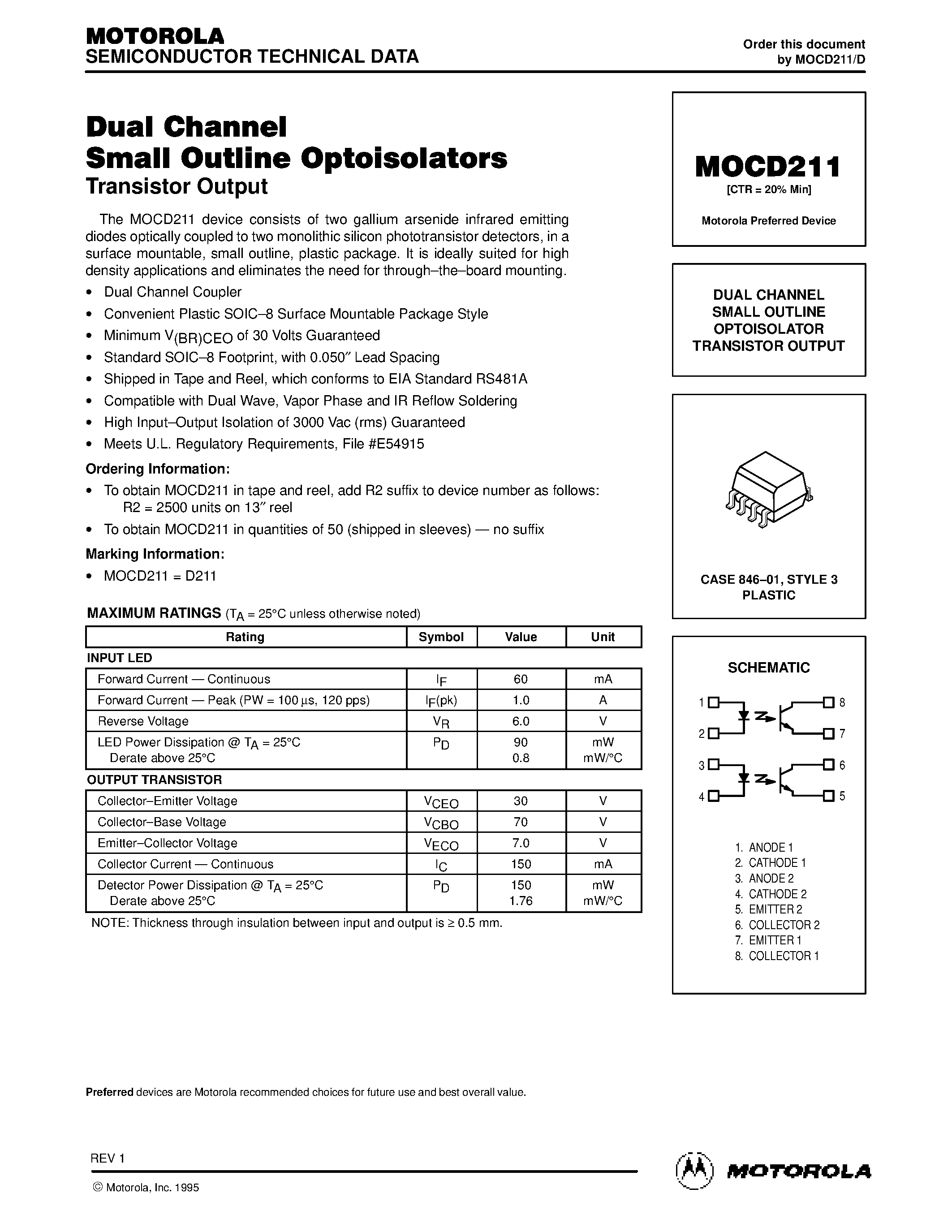 Даташит MOCD211 - DUAL CHANNEL SMALL OUTLINE OPTOISOLATOR TRANSISTOR OUTPUT страница 1