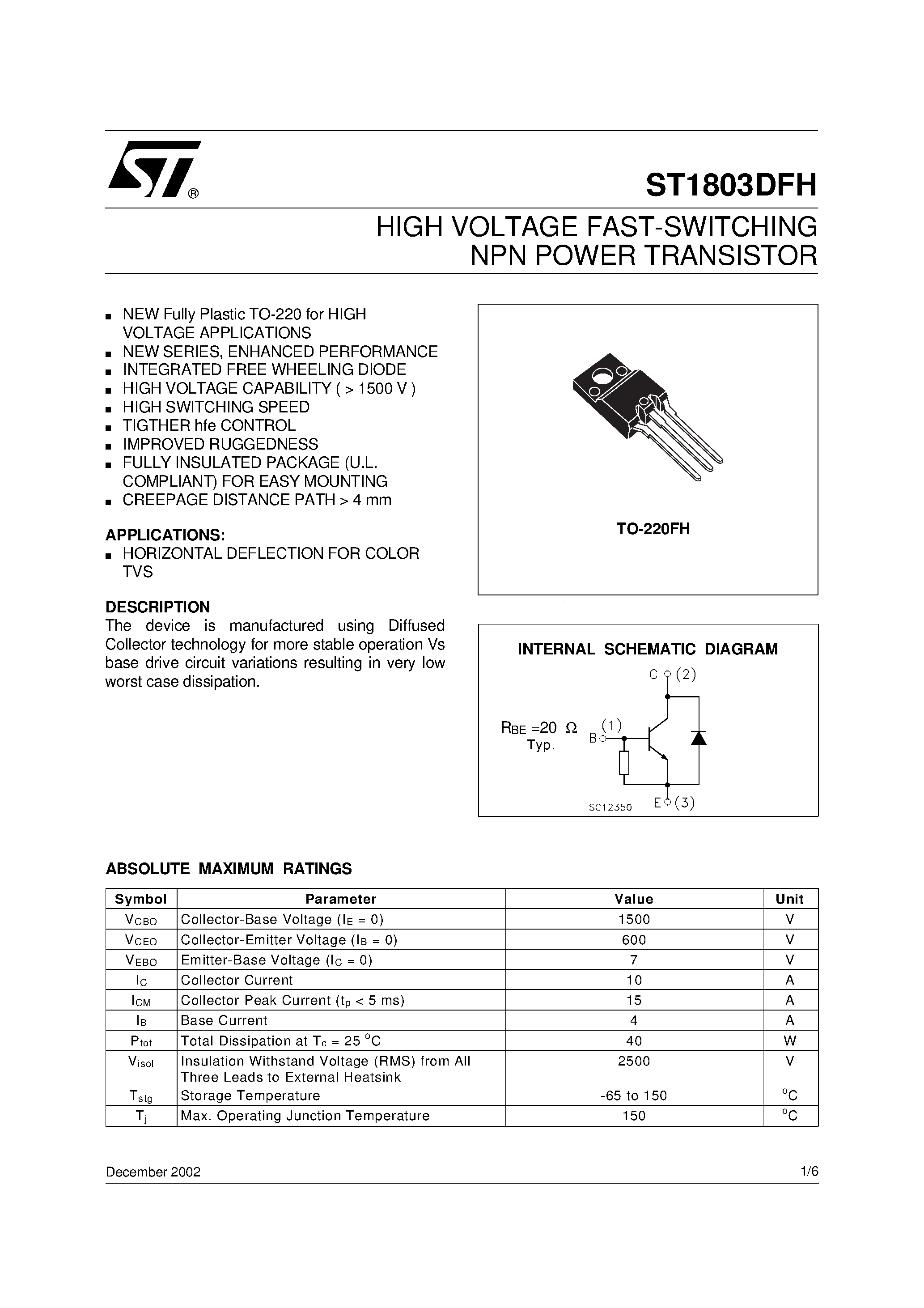 Datasheet ST1803DFH - HIGH VOLTAGE FAST-SWITCHING NPN POWER TRANSISTOR page 1