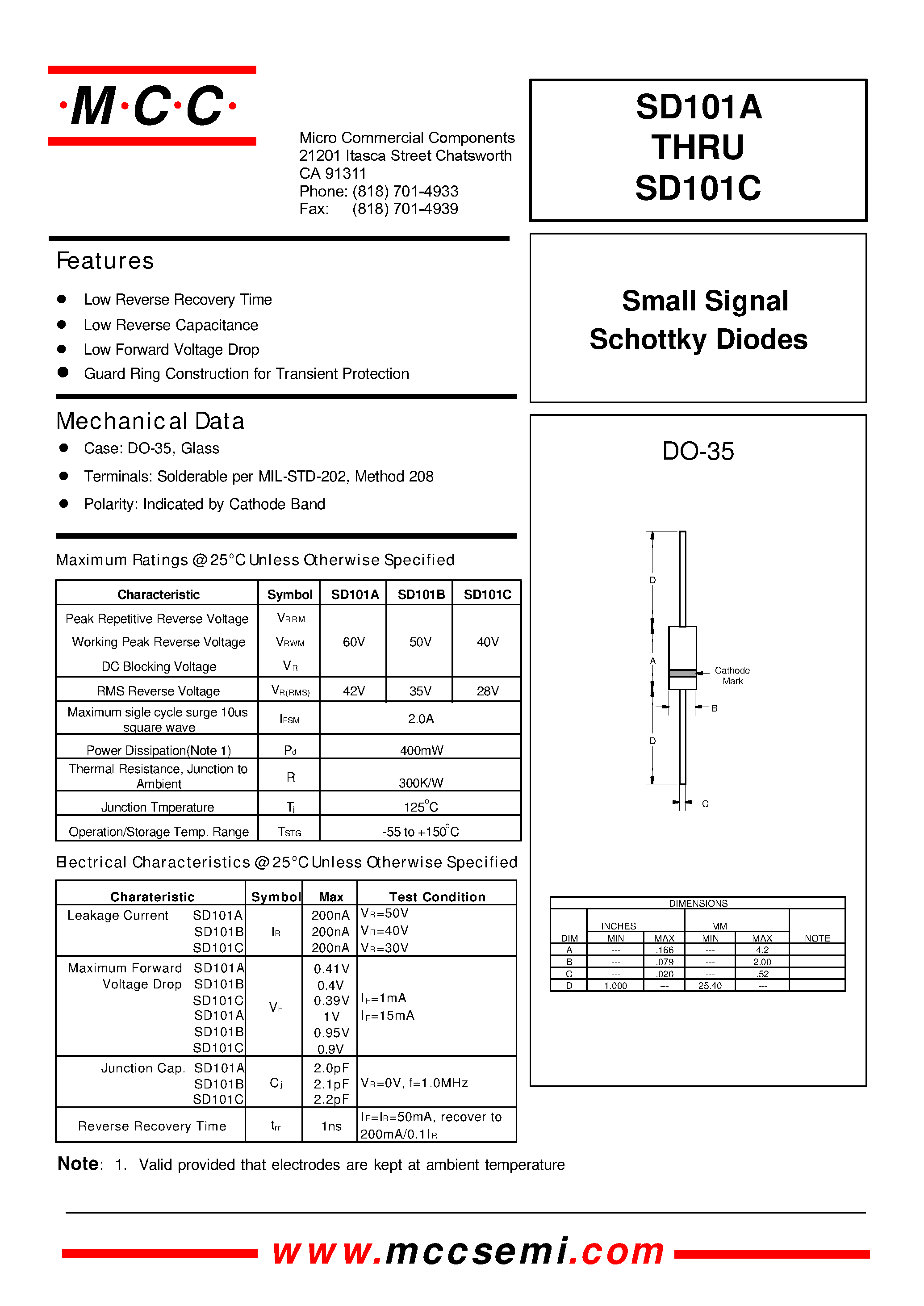 Даташит SD101A - (SD101A - SD101C) Small Signal Schottky Diodes страница 1