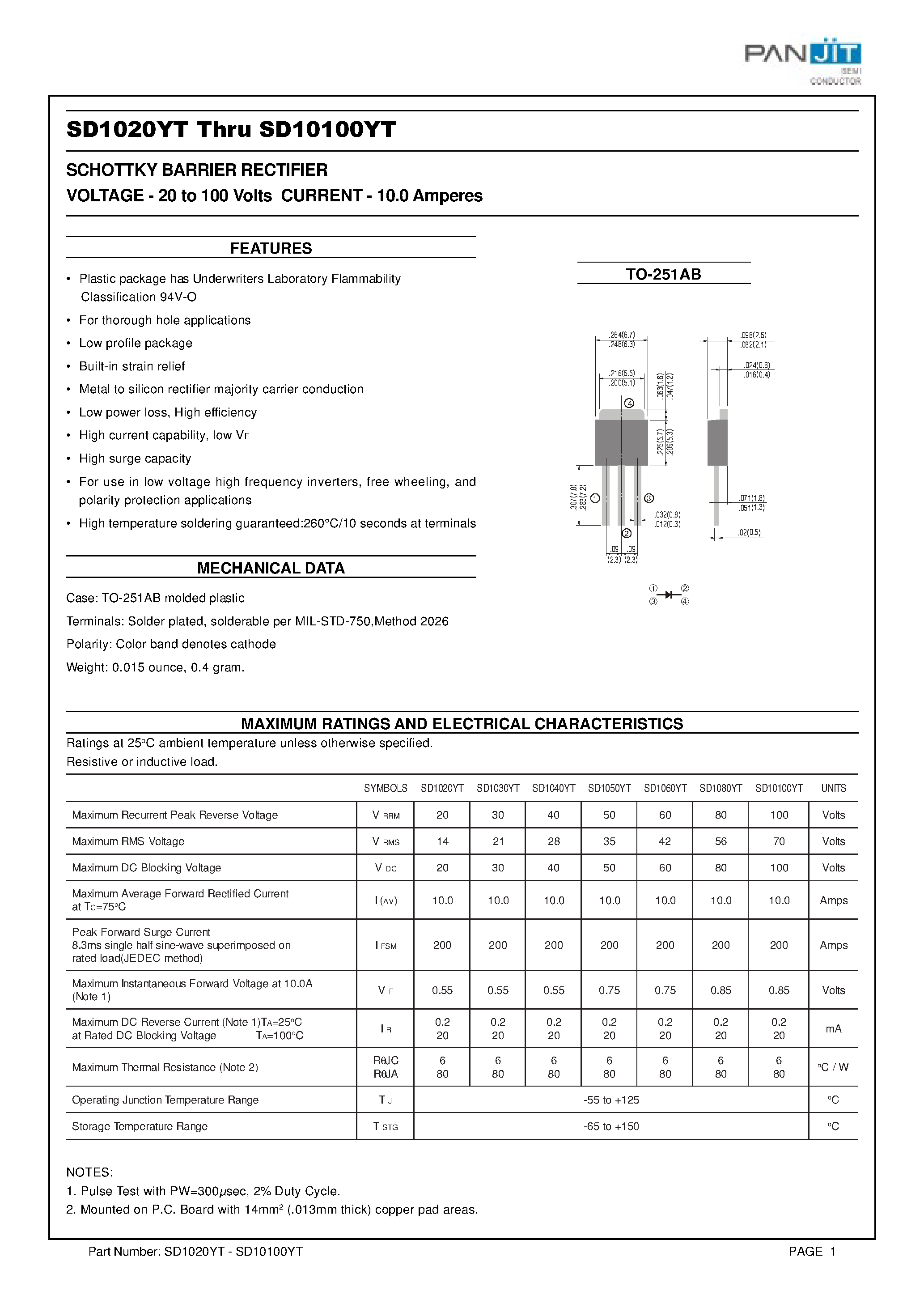 Datasheet SD10100YT - (SD1020YT - SD10100YT) SCHOTTKY BARRIER RECTIFIER page 1