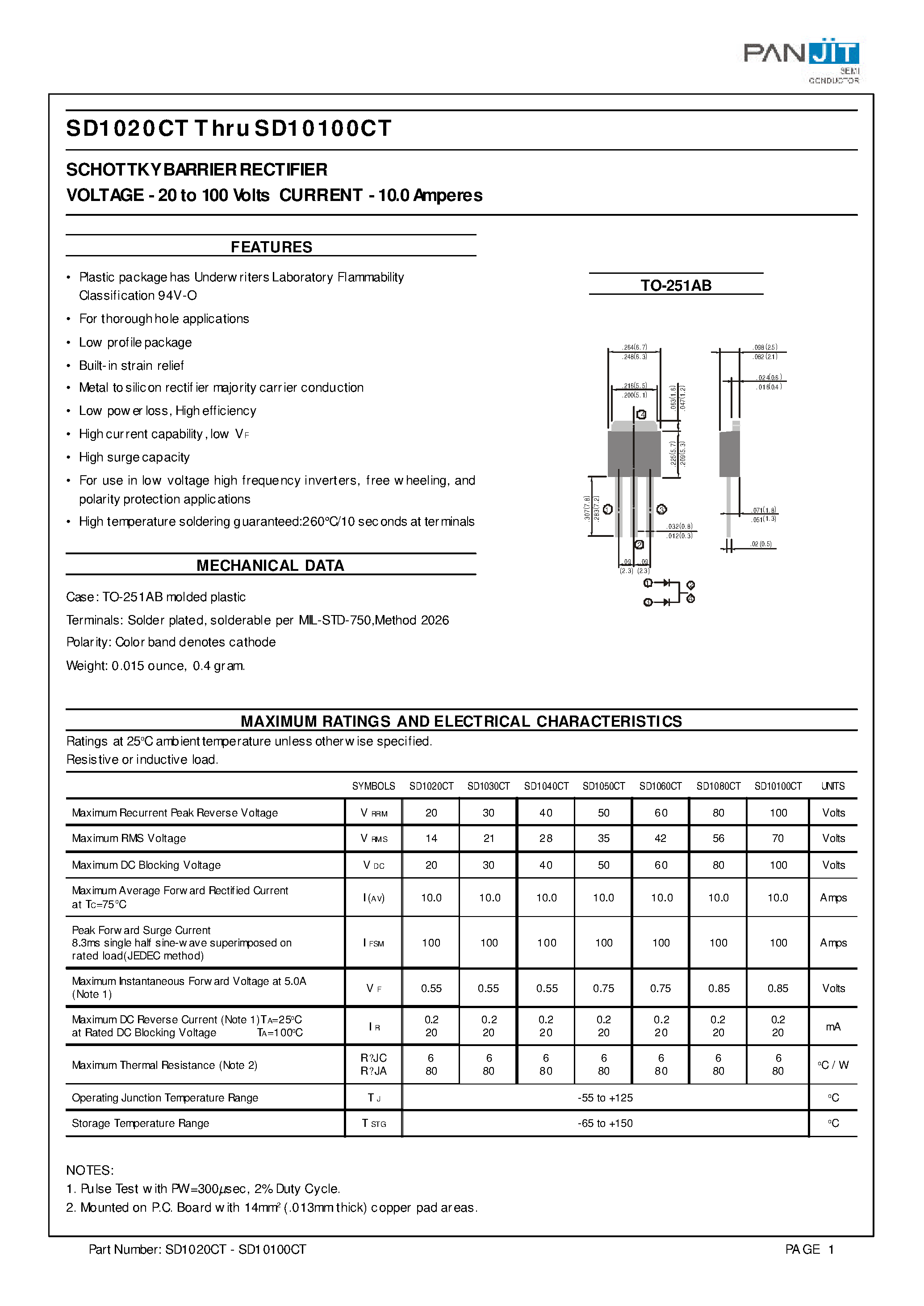Datasheet SD10100CT - (SD1020CT - SD10100CT) SCHOTTKY BARRIER RECTIFIER page 1