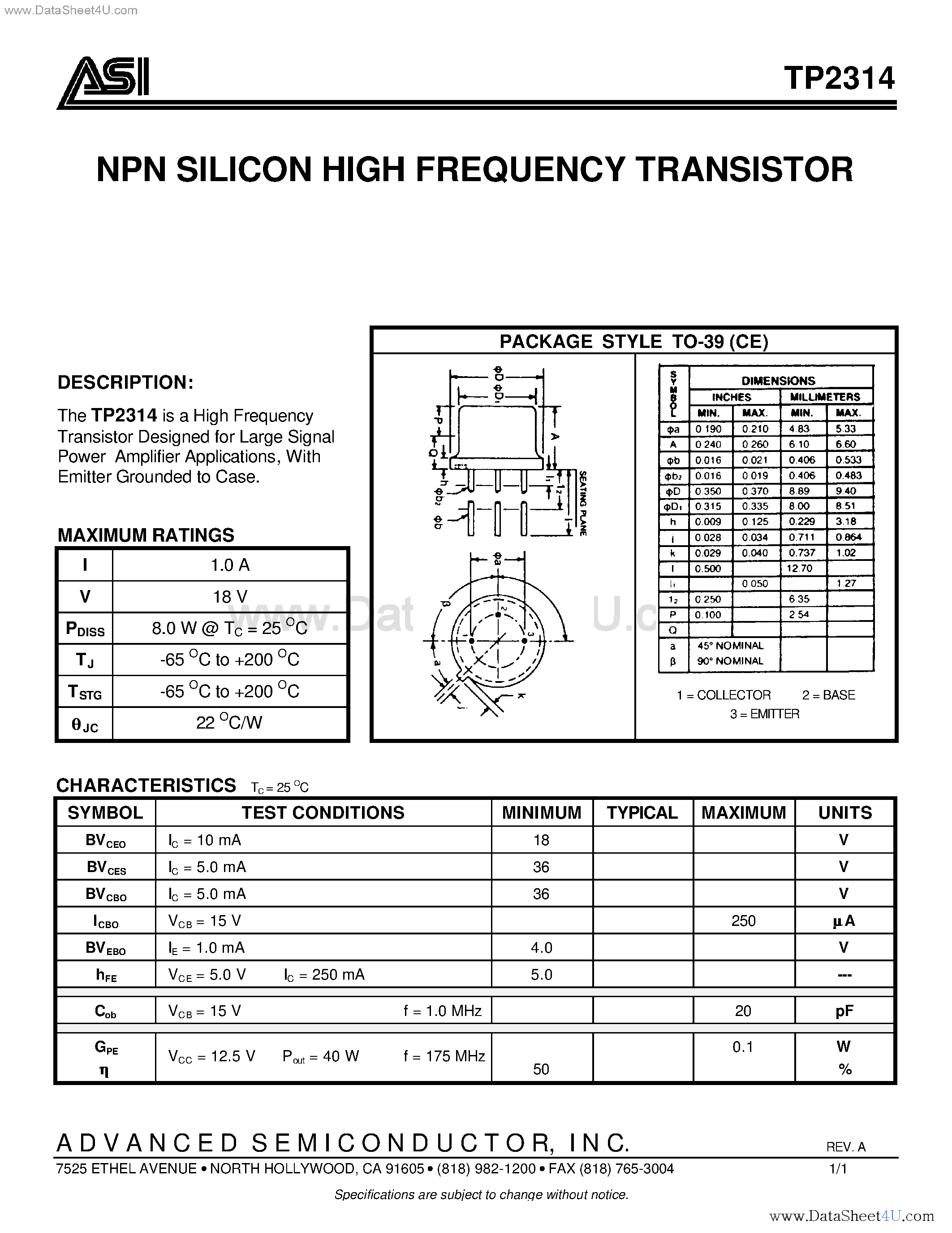 Datasheet TP2314 - NPN SILICON HIGH FREQUENCY TRANSISTOR page 1