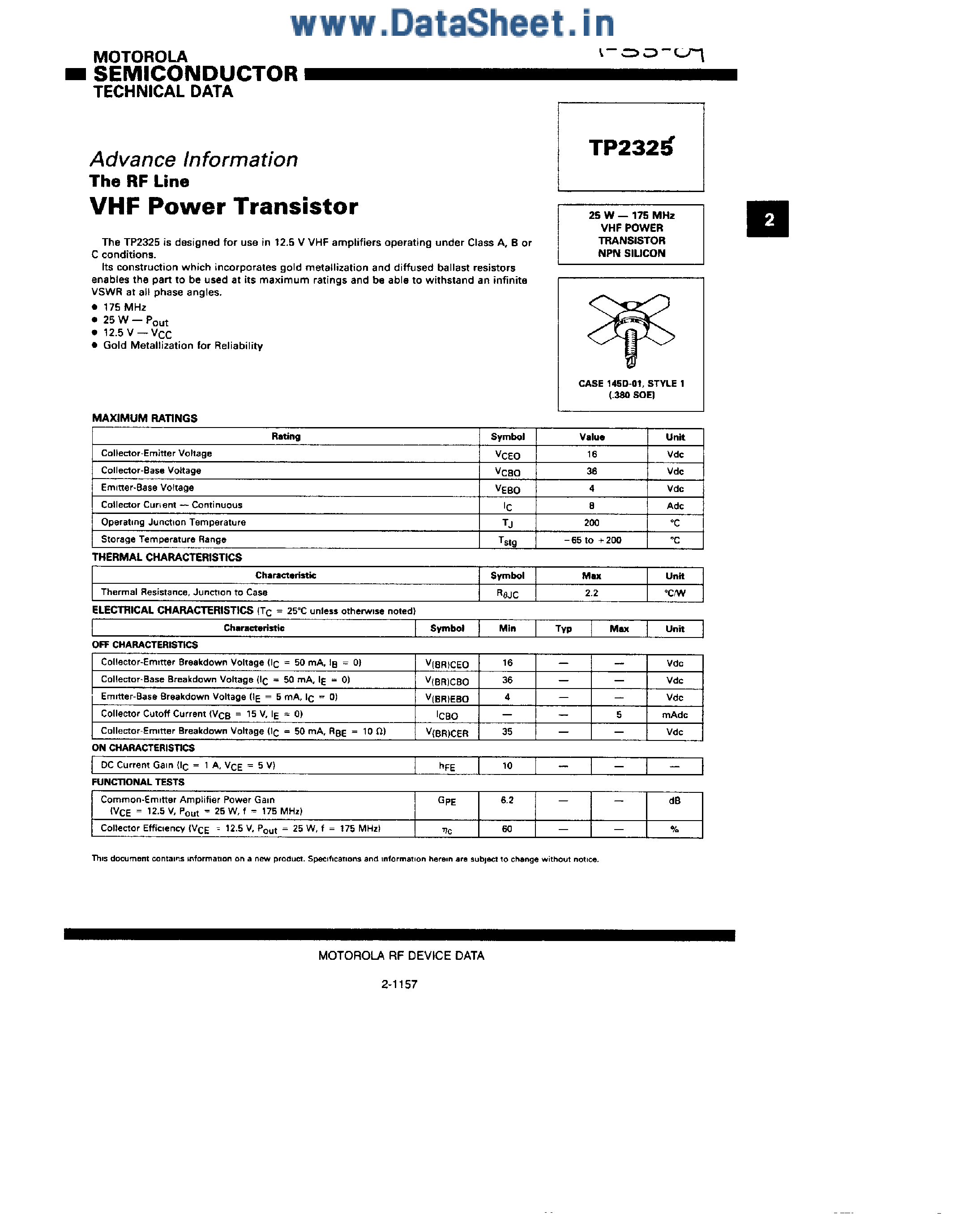 Datasheet TP2325 - VHF Power Transistor page 1