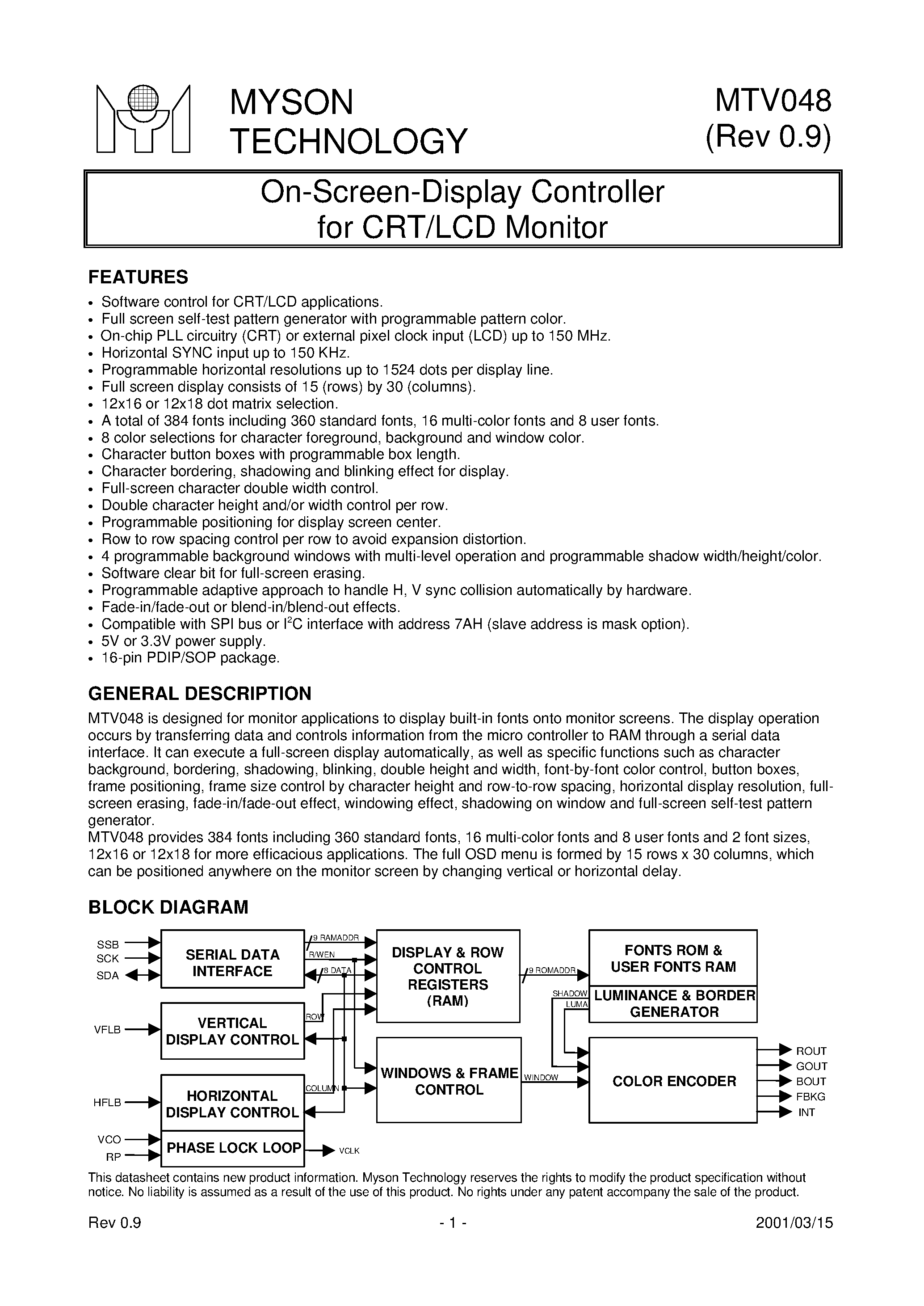 Datasheet MTV048 - On-Screen-Display Controller for CRT/LCD Monitor page 1