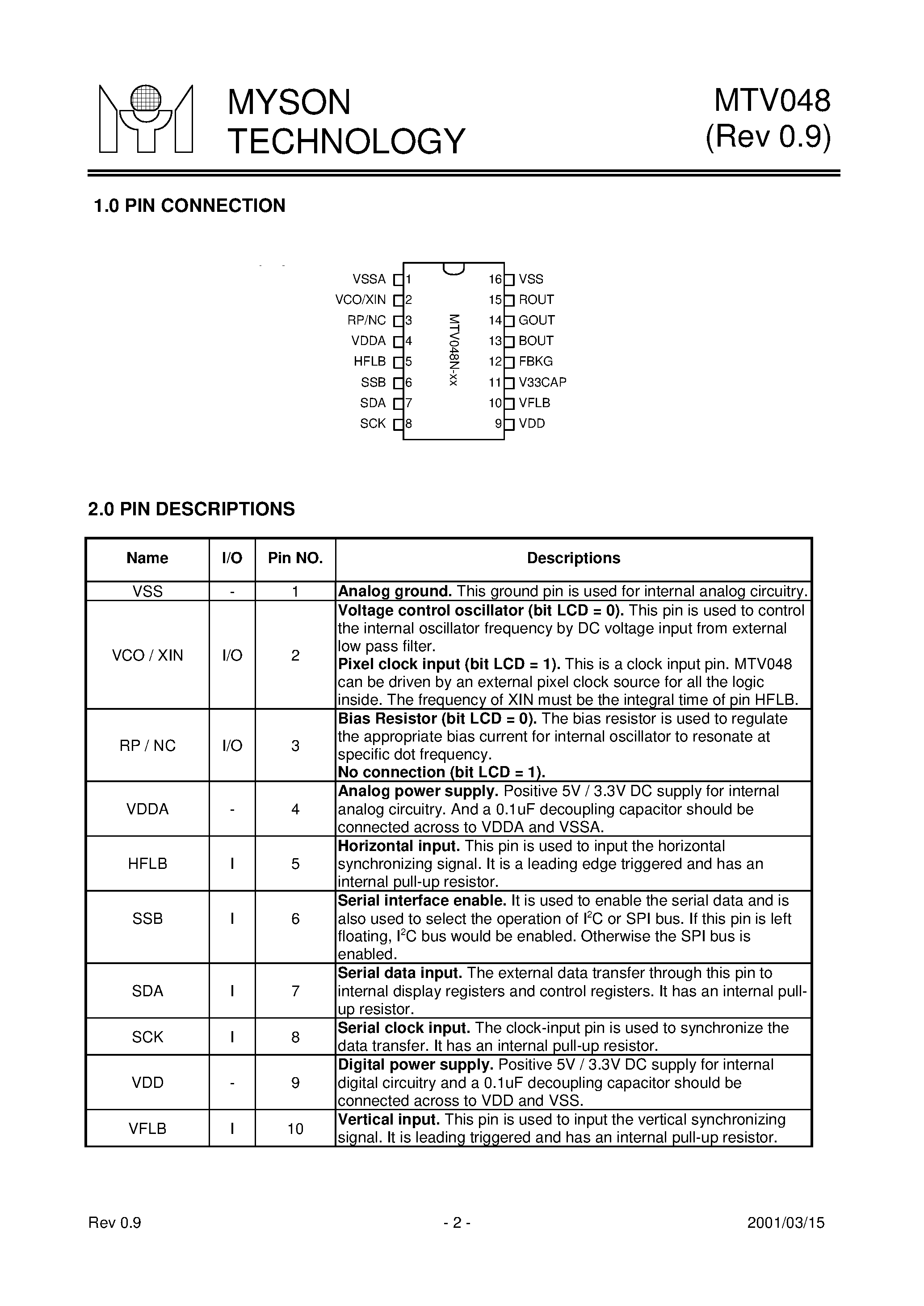 Datasheet MTV048 - On-Screen-Display Controller for CRT/LCD Monitor page 2