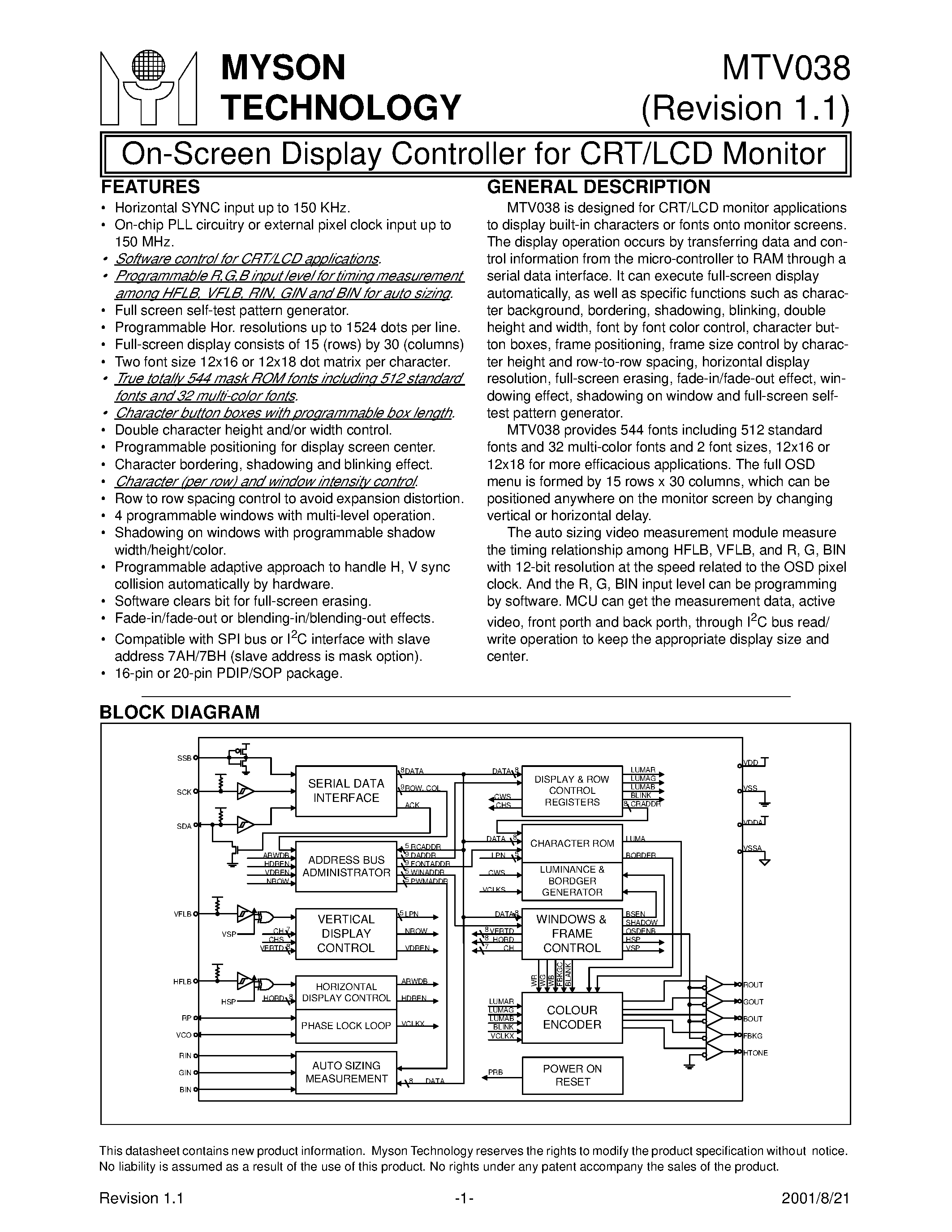 Datasheet MTV038 - On-Screen Display Controller for CRT/LCD Monitor page 1