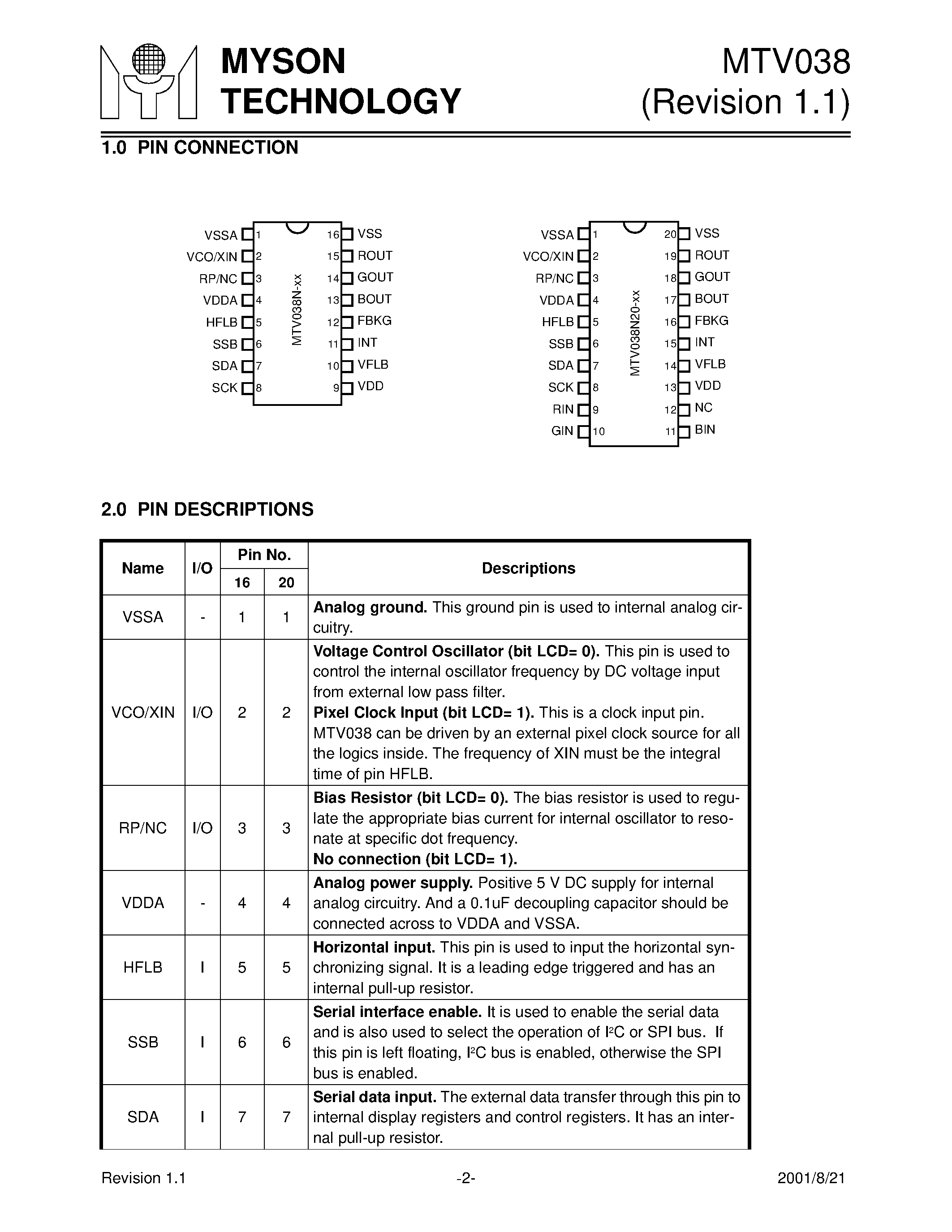 Datasheet MTV038 - On-Screen Display Controller for CRT/LCD Monitor page 2
