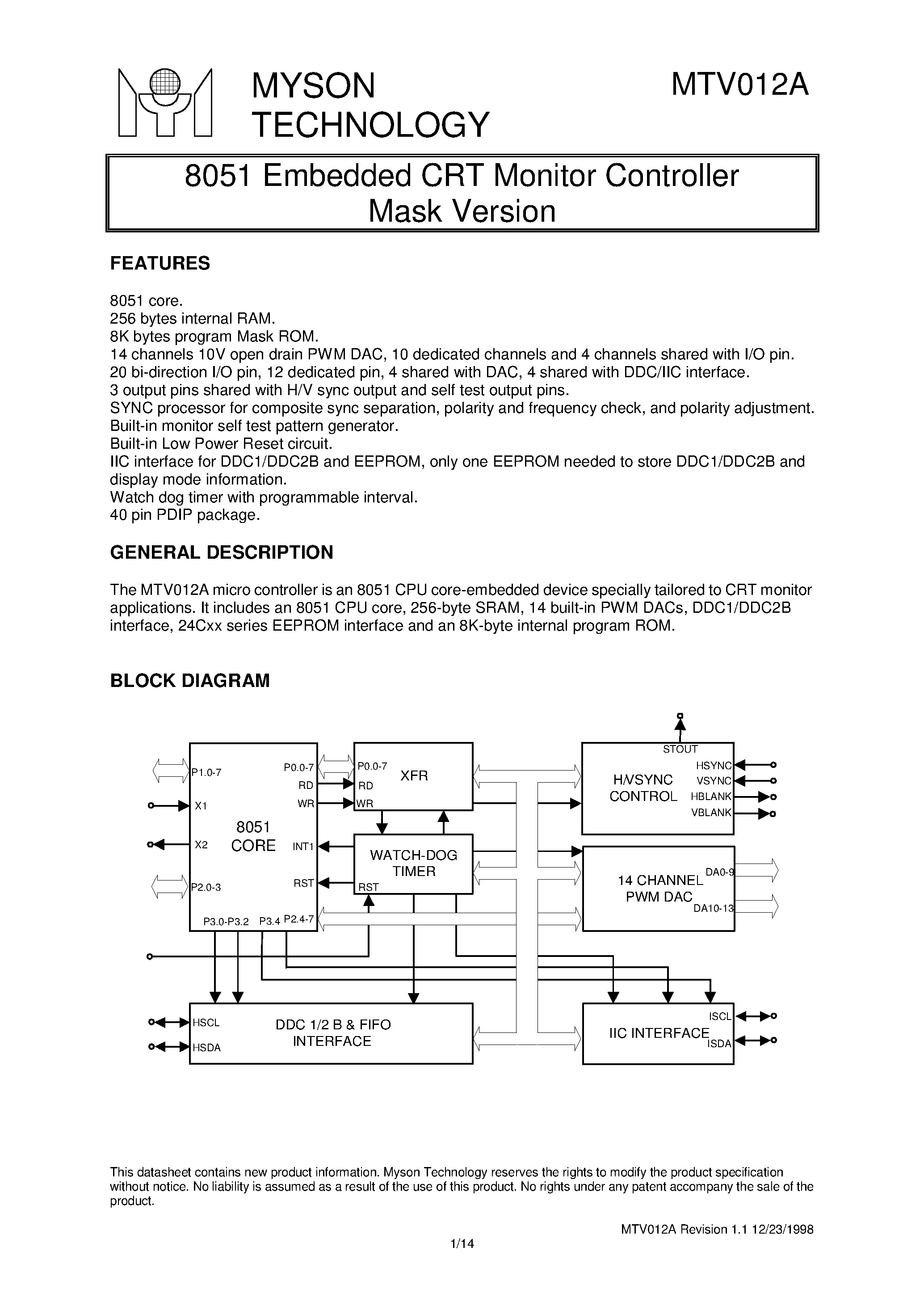 Даташит MTV012A - 8051 Embedded CRT Monitor Controller Mask Version страница 1