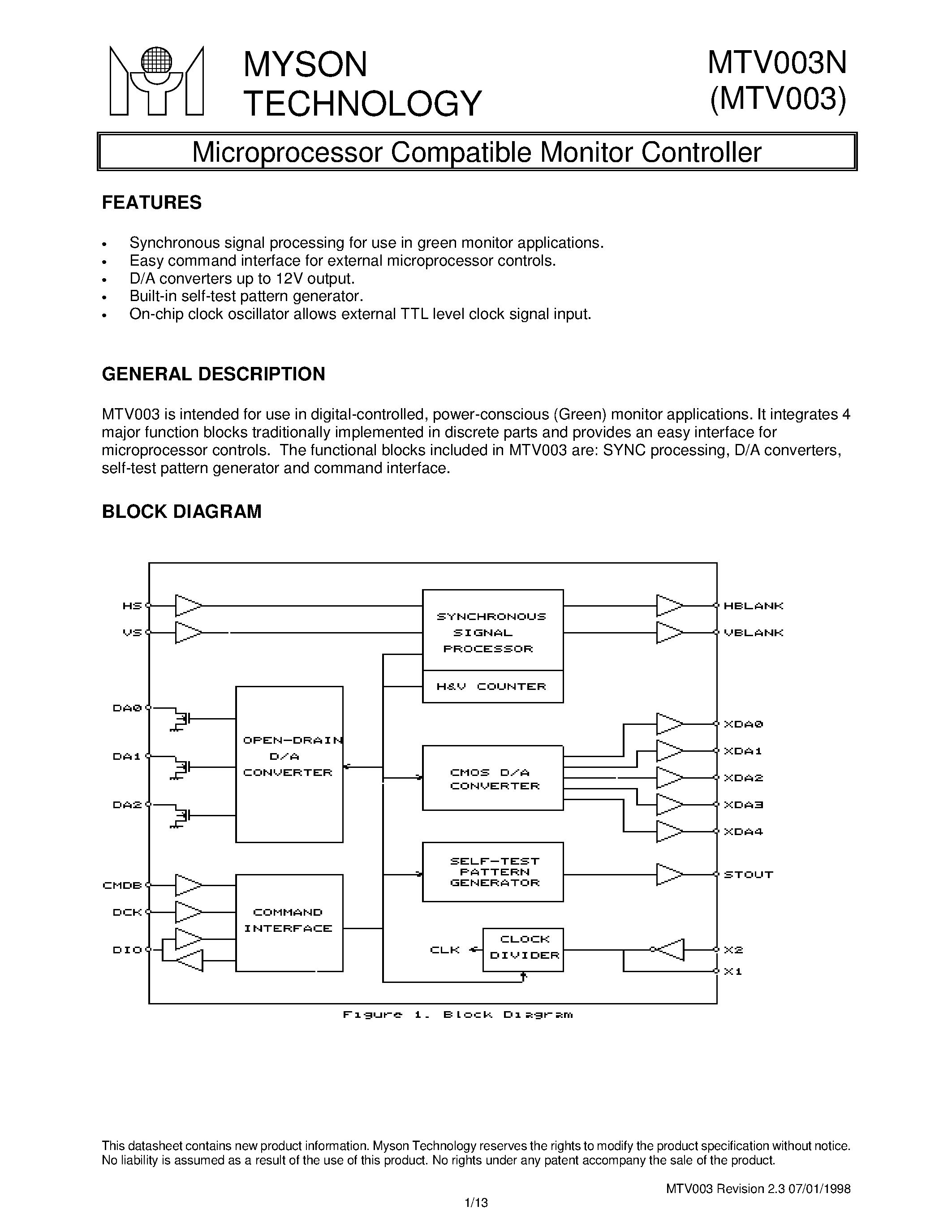Даташит MTV003 - Microprocessor Compatible Monitor Controller страница 1