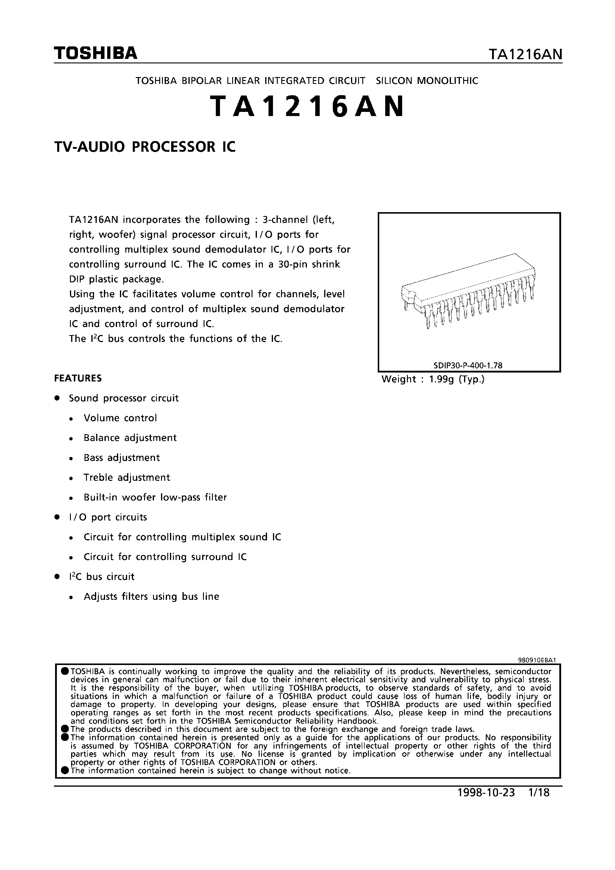 Datasheet TA1216AN - TV-AUDIO PROCESSOR IC page 1