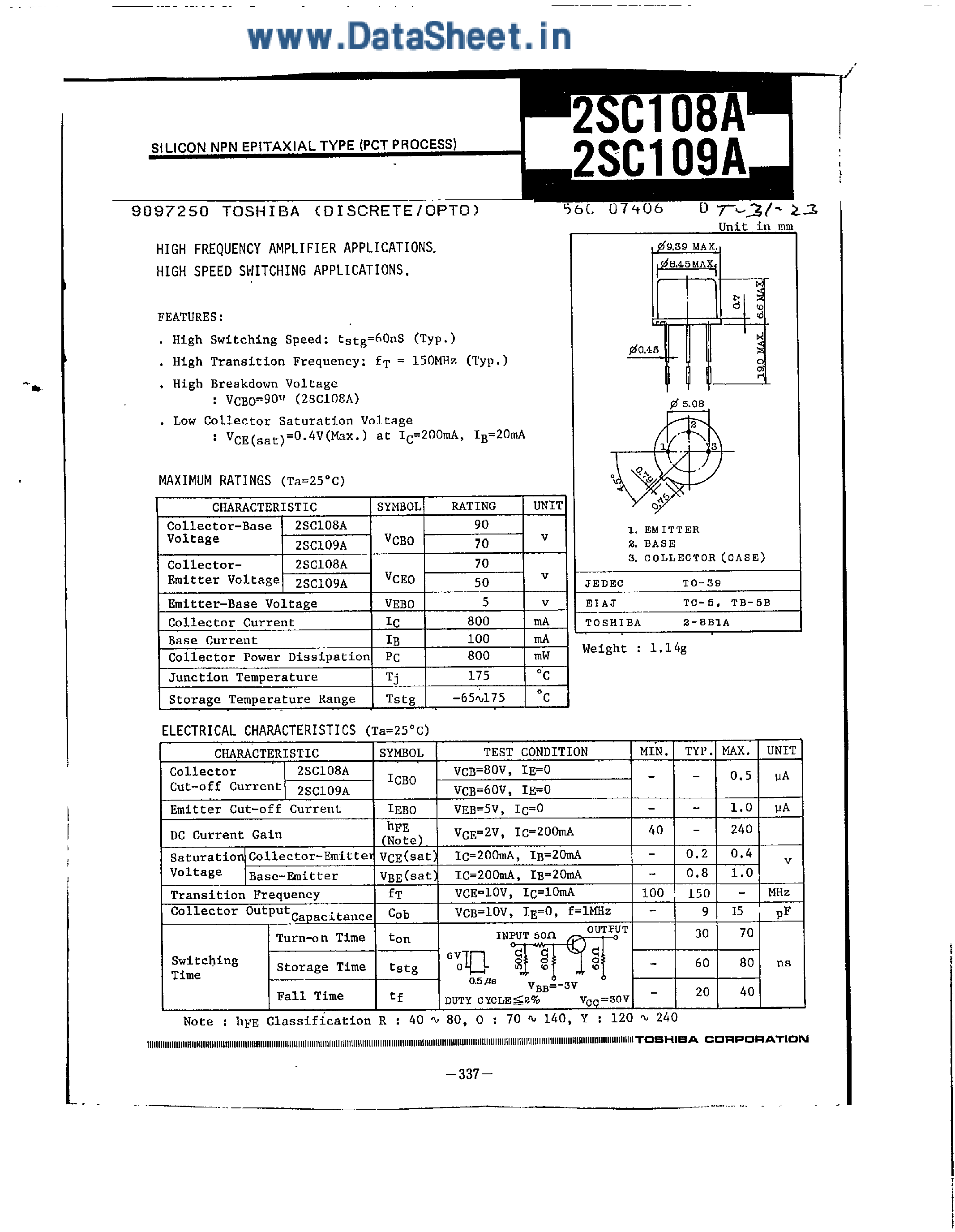 Datasheet 2SC108A - (2SC108A / 2SC109A) Silicon NPN Epitaxial Type page 1