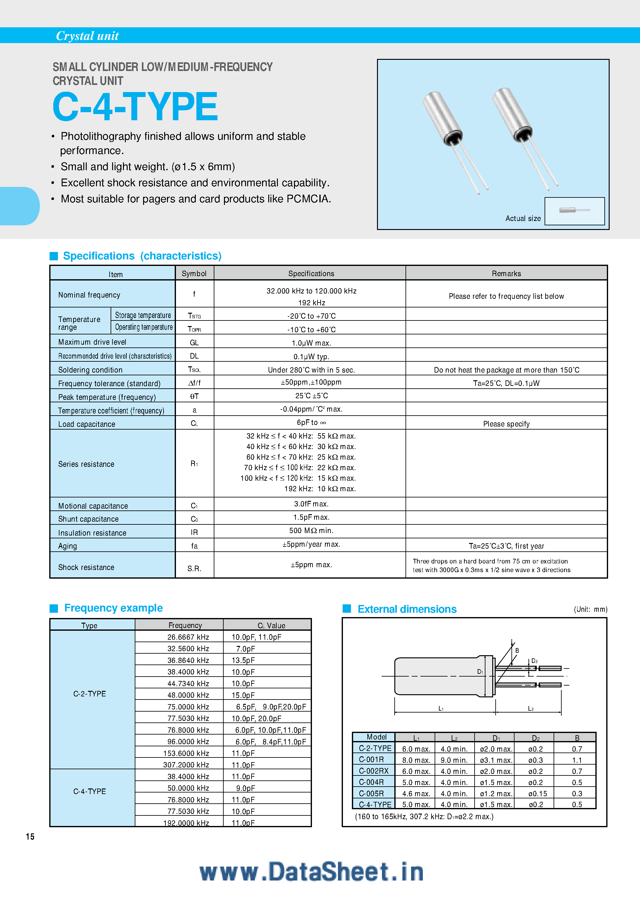 Datasheet C-001R - Small Cylinder Low / Medium Frequency Crystal Unit page 1