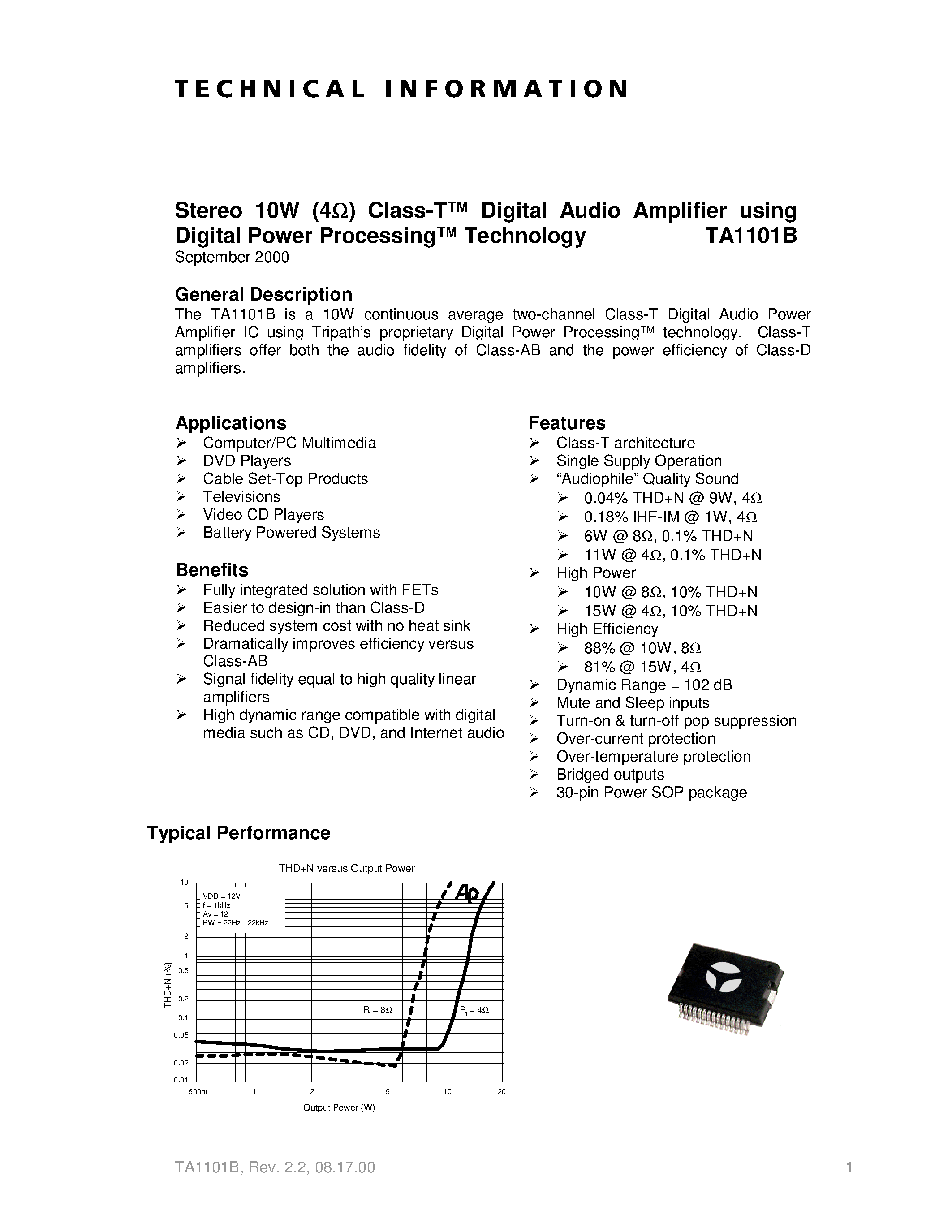 Даташит TA1101B - Digital Audio Amplifier using Digital Power Processing страница 1