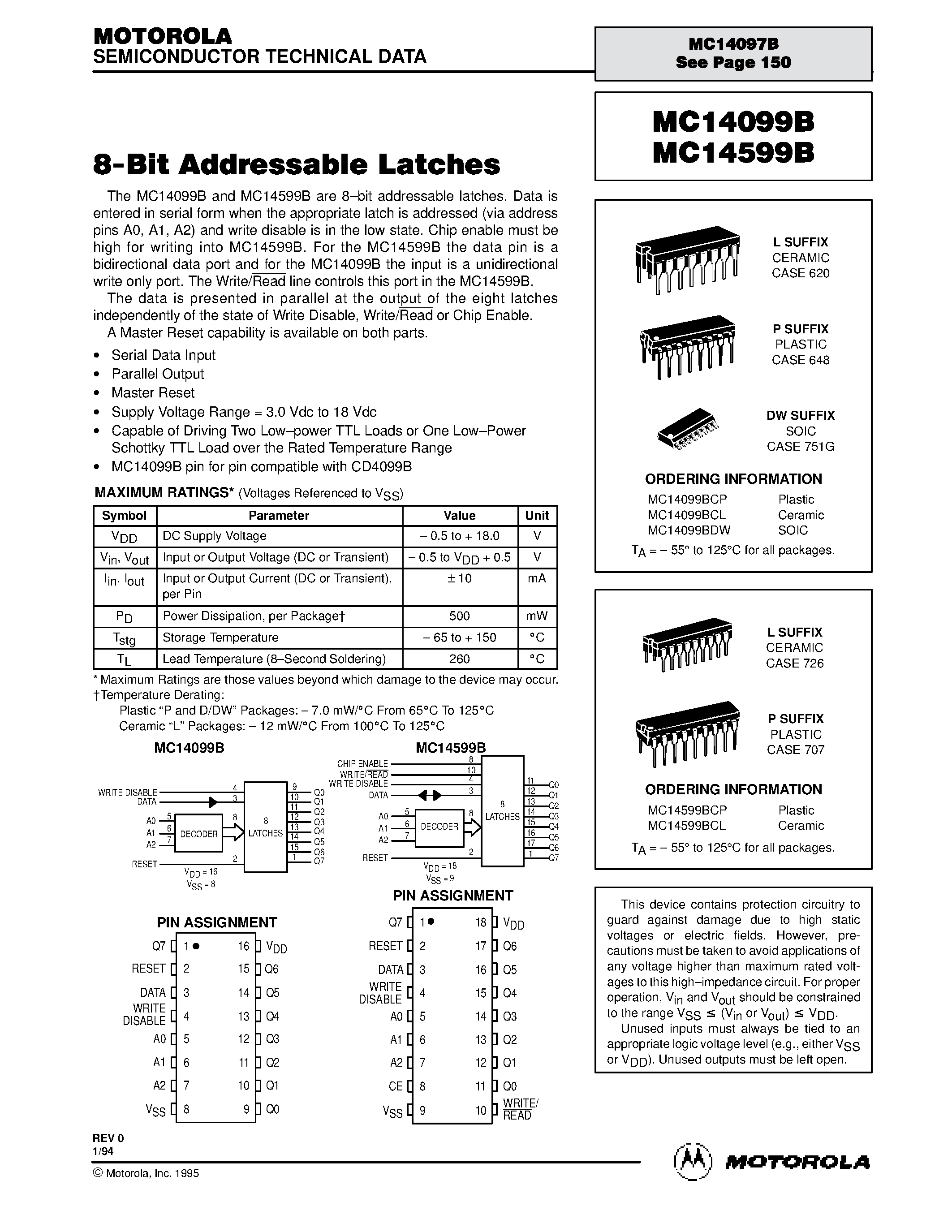Даташит MC14099B - (MC14599B / MC14099B) 8-Bit Addressable Latches страница 1