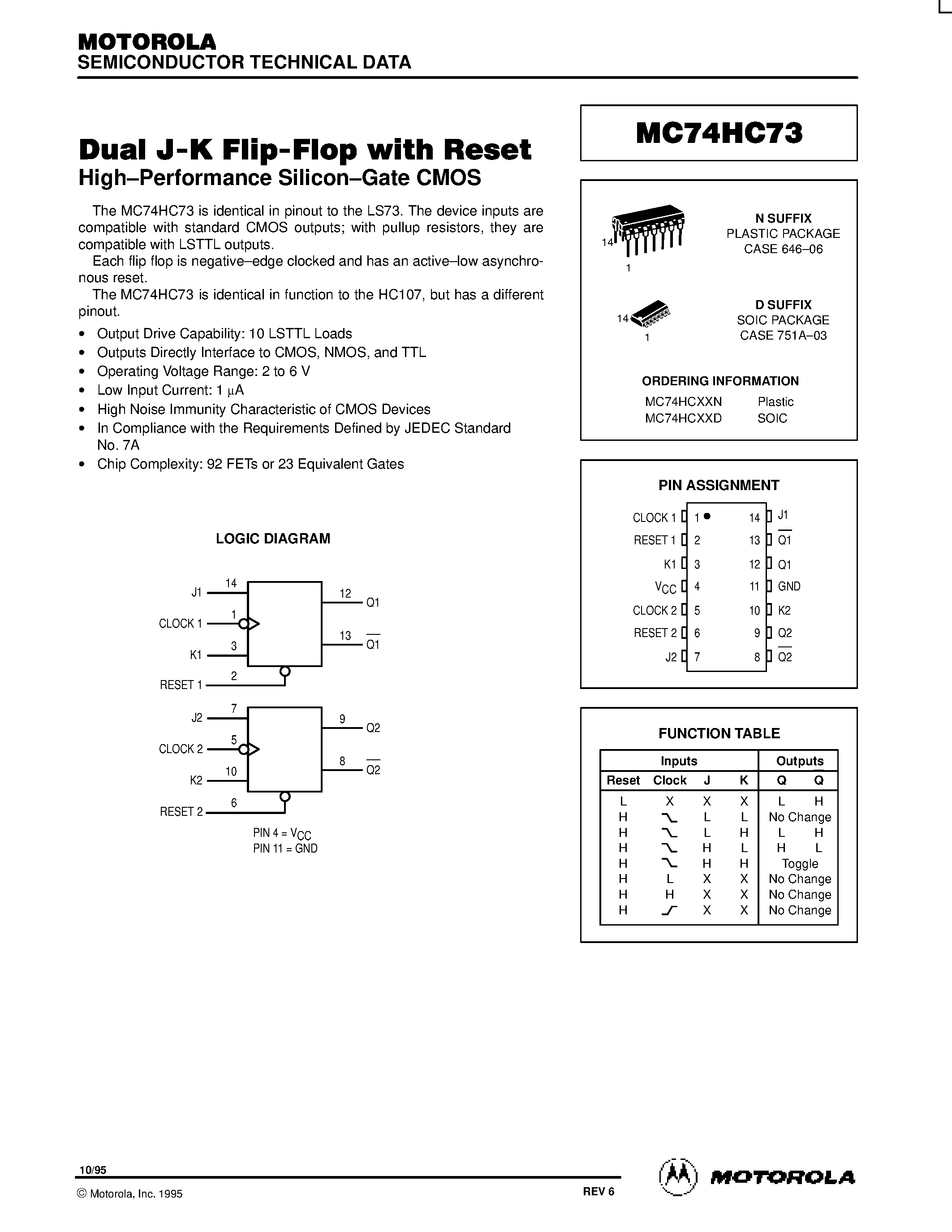 Datasheet MC74HC73 - Dual J-K Flip-Flop with Reset page 1