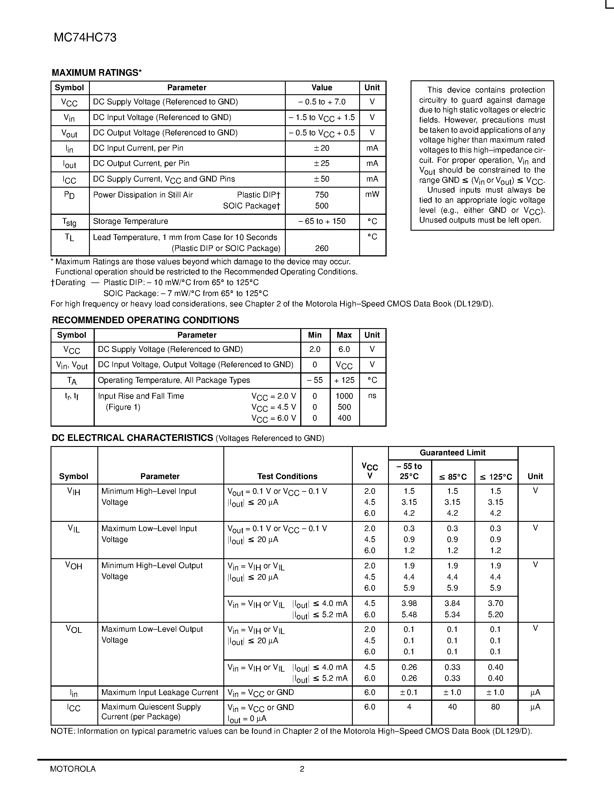Datasheet MC74HC73 - Dual J-K Flip-Flop with Reset page 2