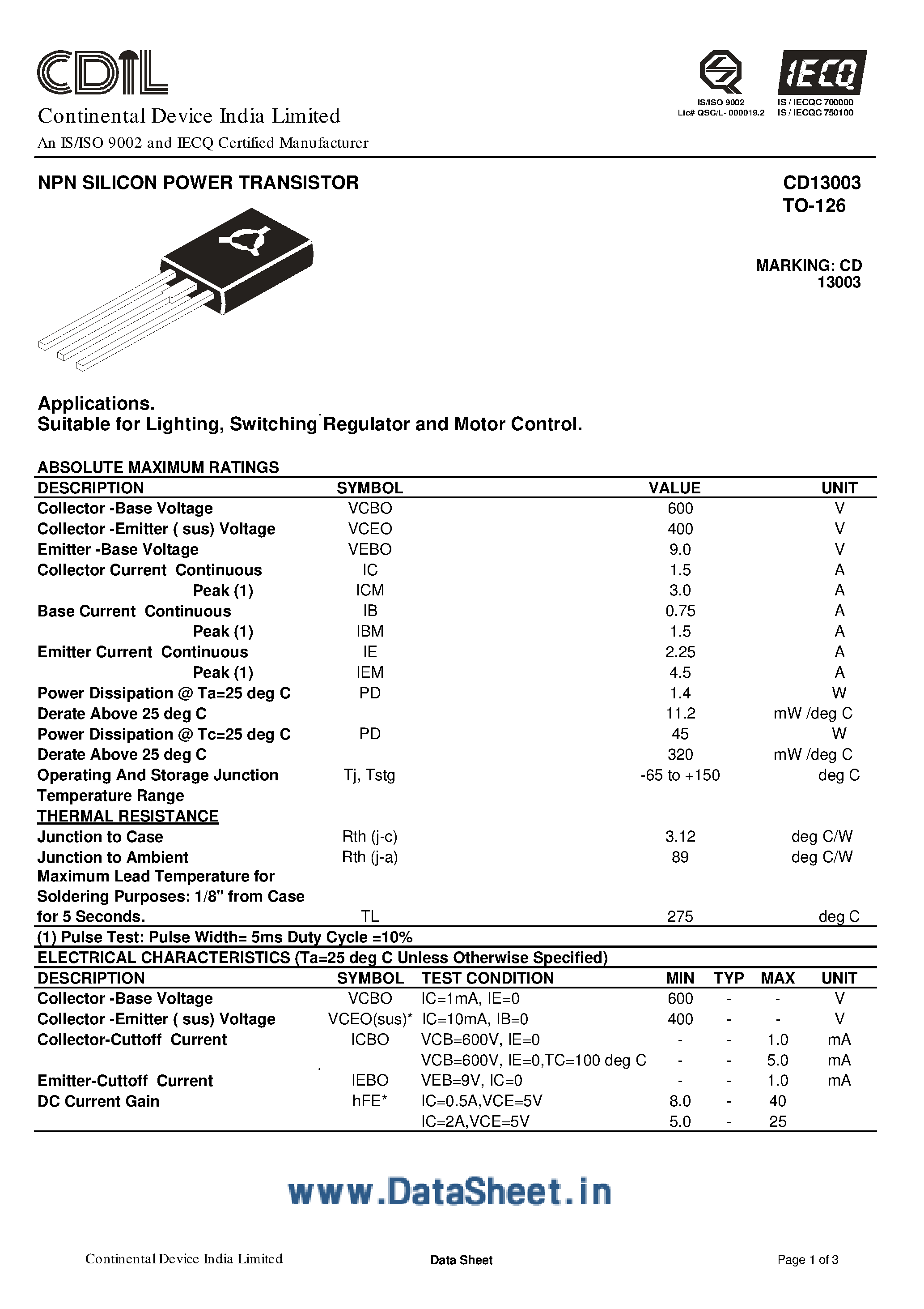 Datasheet CD13003 - NPN Silicon Power Transistor page 1