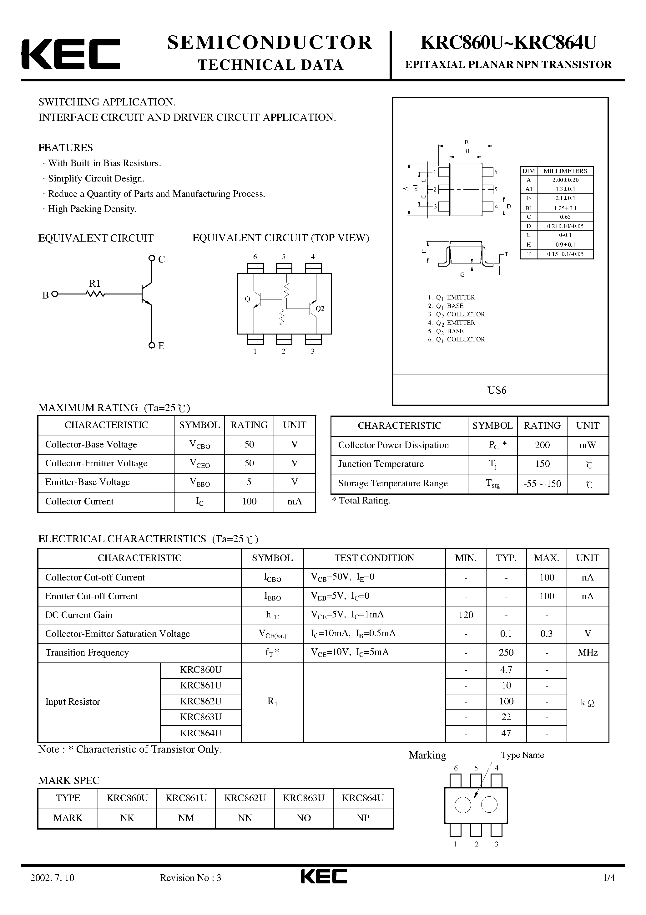 Datasheet KRC860U - (KRC860U - KRC864U) EPITAXIAL PLANAR NPN TRANSISTOR page 1