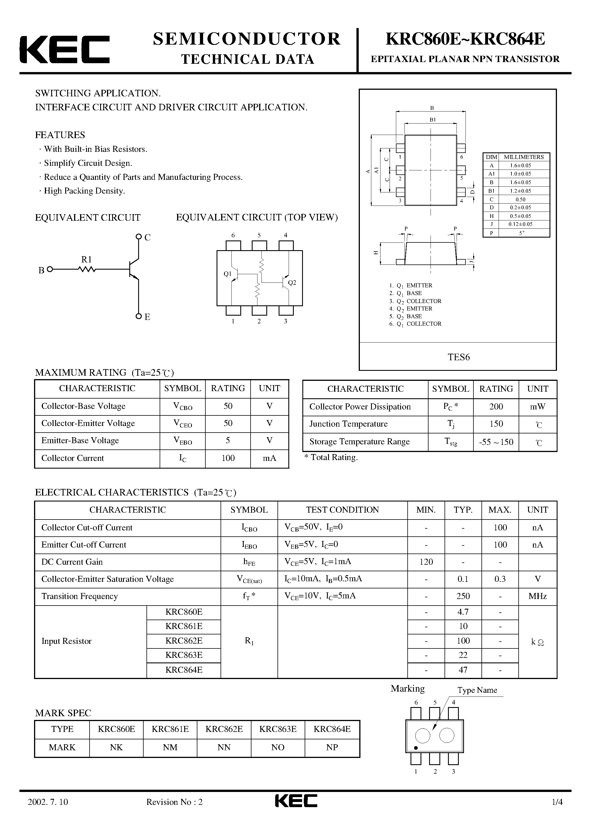 Datasheet KRC860E - (KRC860E - KRC864E) EPITAXIAL PLANAR NPN TRANSISTOR page 1