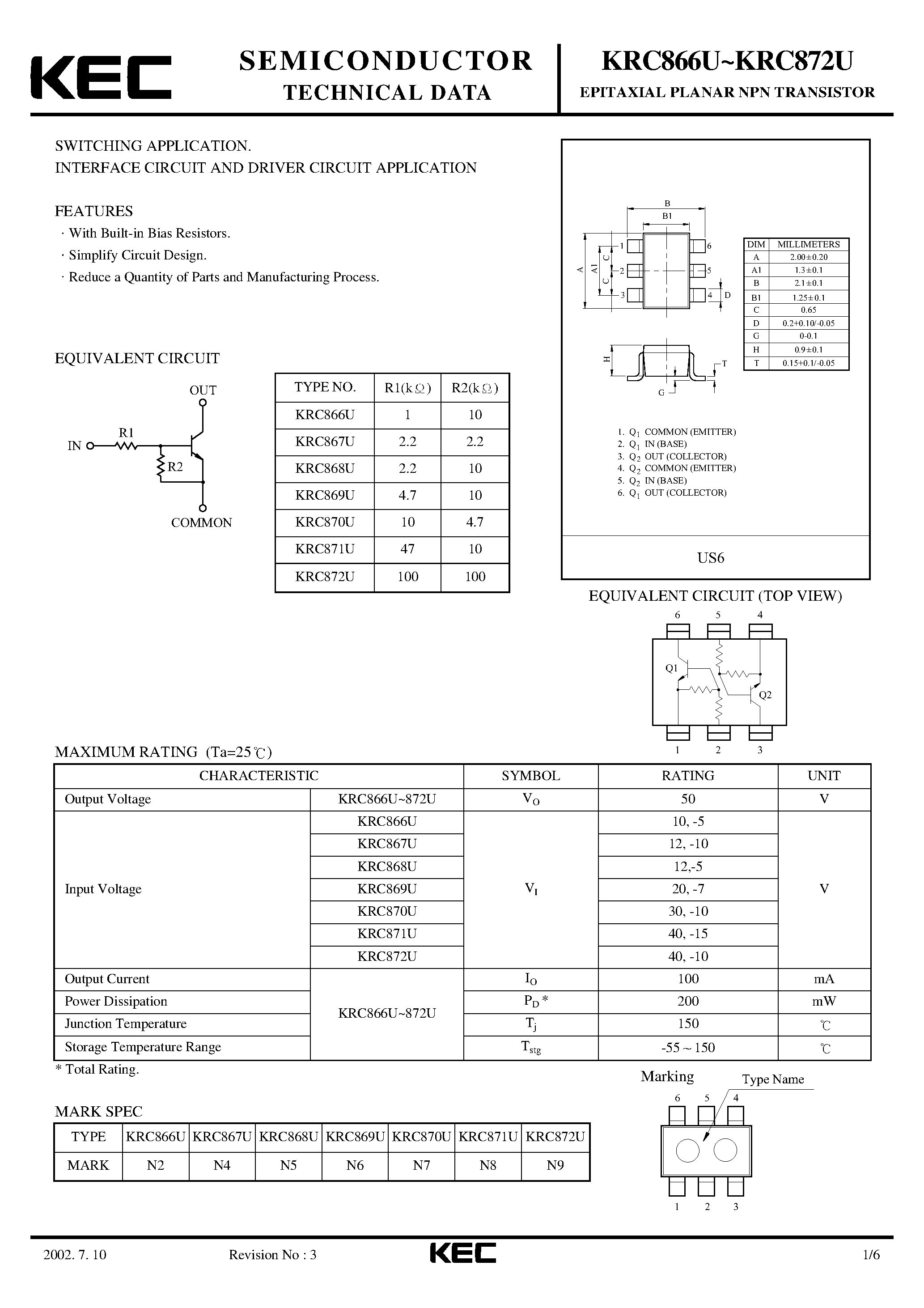 Datasheet KRC866U - (KRC866U - KRC872U) EPITAXIAL PLANAR NPN TRANSISTOR page 1