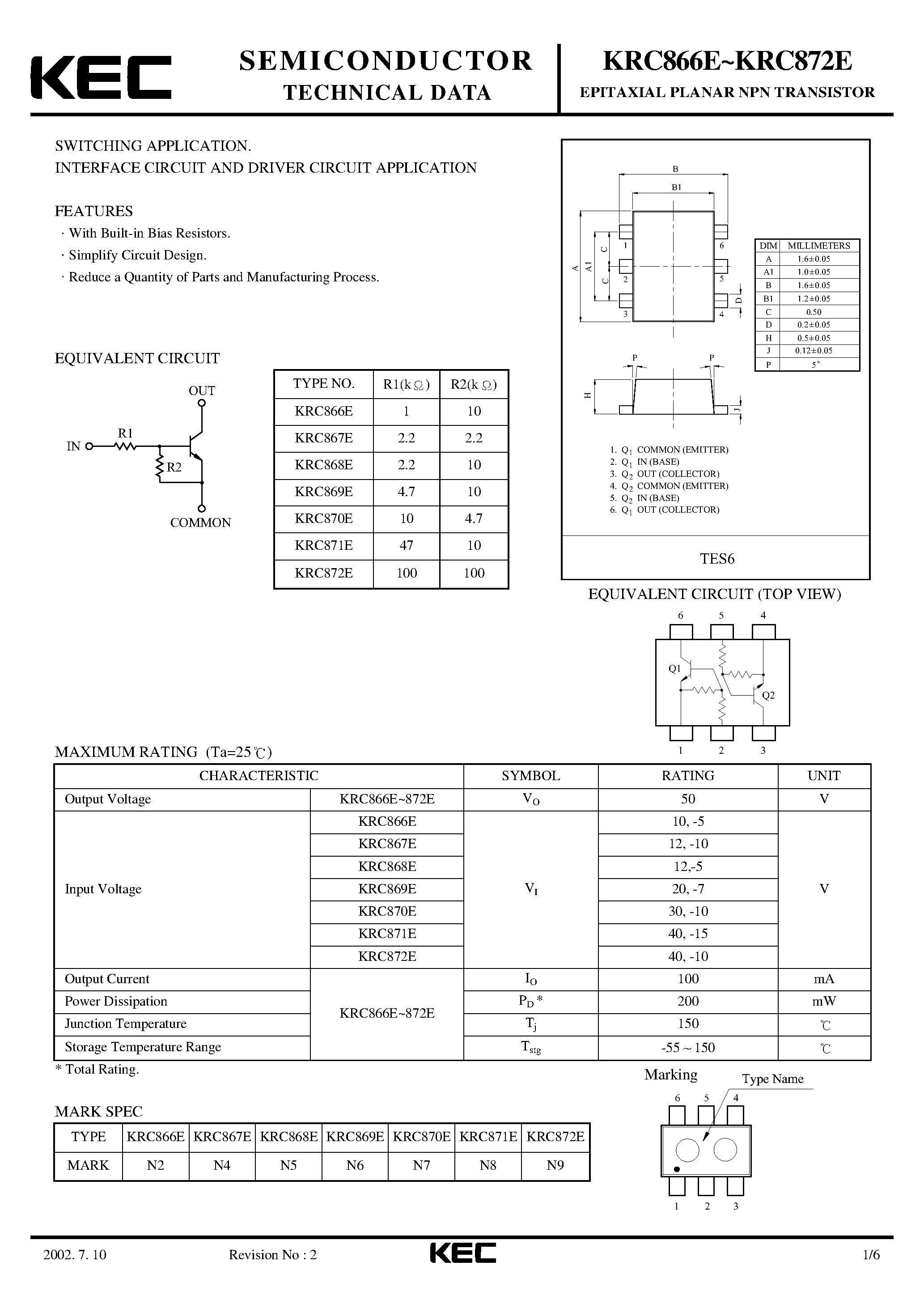 Datasheet KRC866E - (KRC866E - KRC872E) EPITAXIAL PLANAR NPN TRANSISTOR page 1