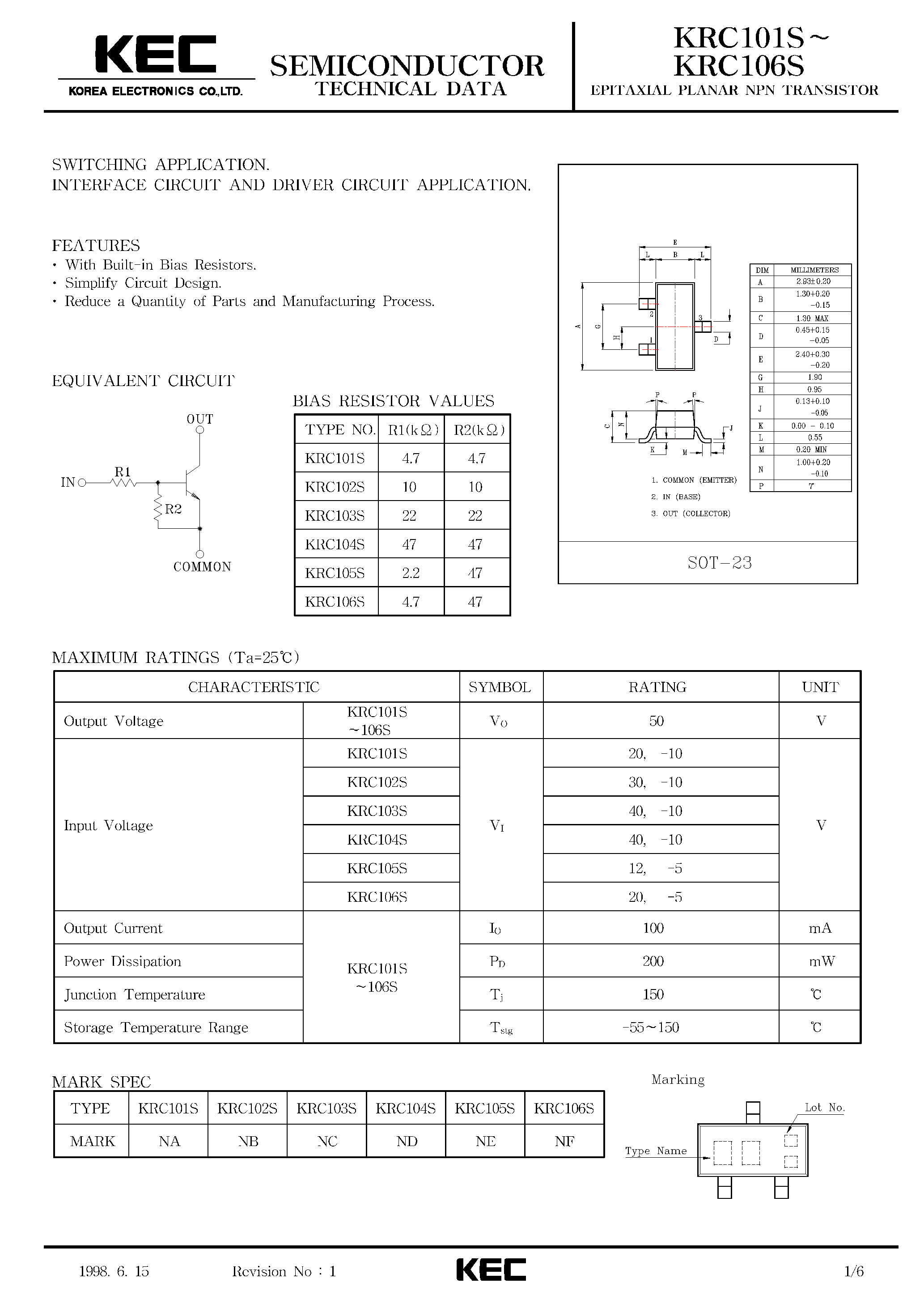 Datasheet KRC101S - (KRC101S - KRC106S) EPITAXIAL PLANAR PNP TRANSISTOR page 1