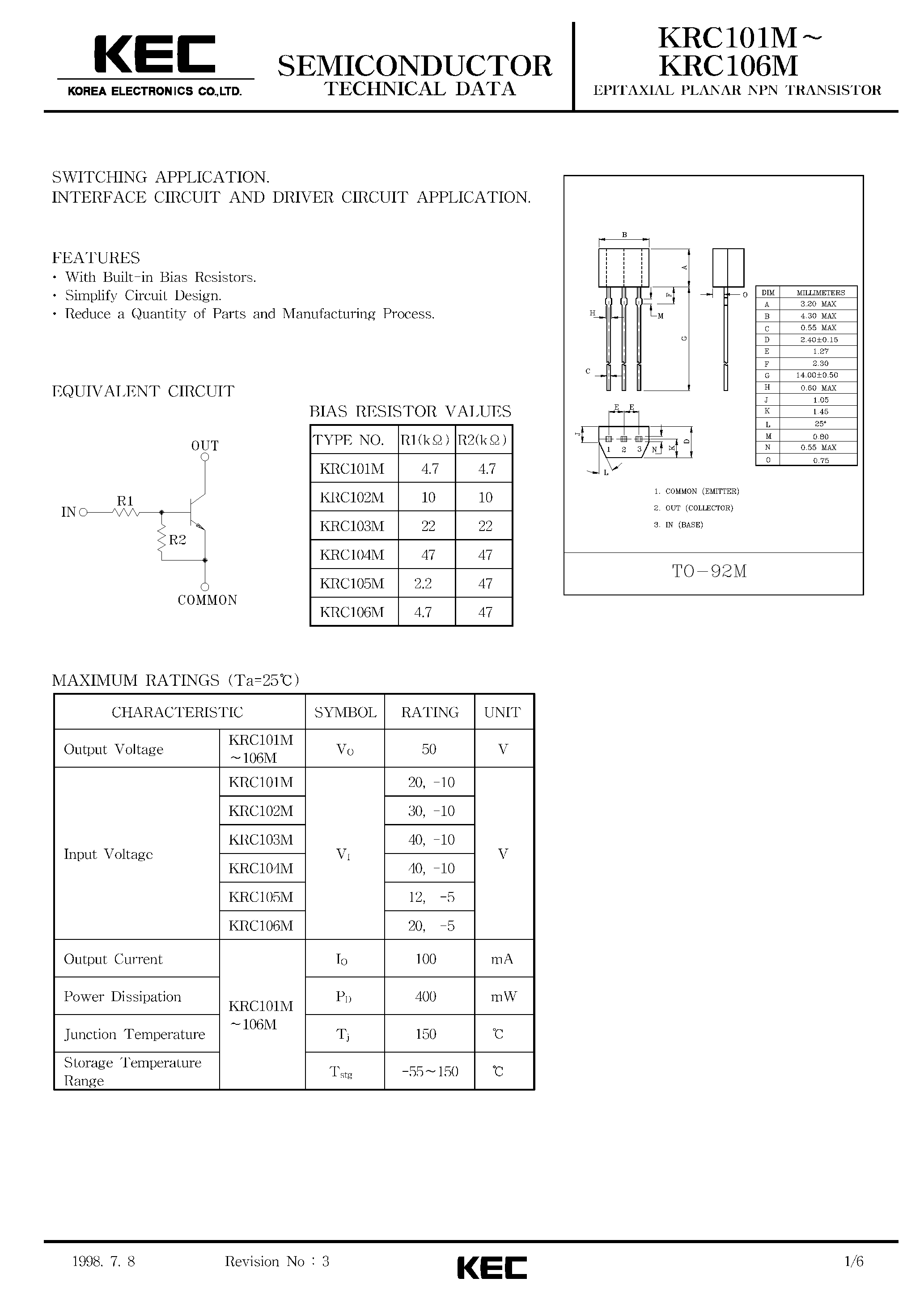 Datasheet KRC101M - (KRC101M - KRC106M) EPITAXIAL PLANAR PNP TRANSISTOR page 1