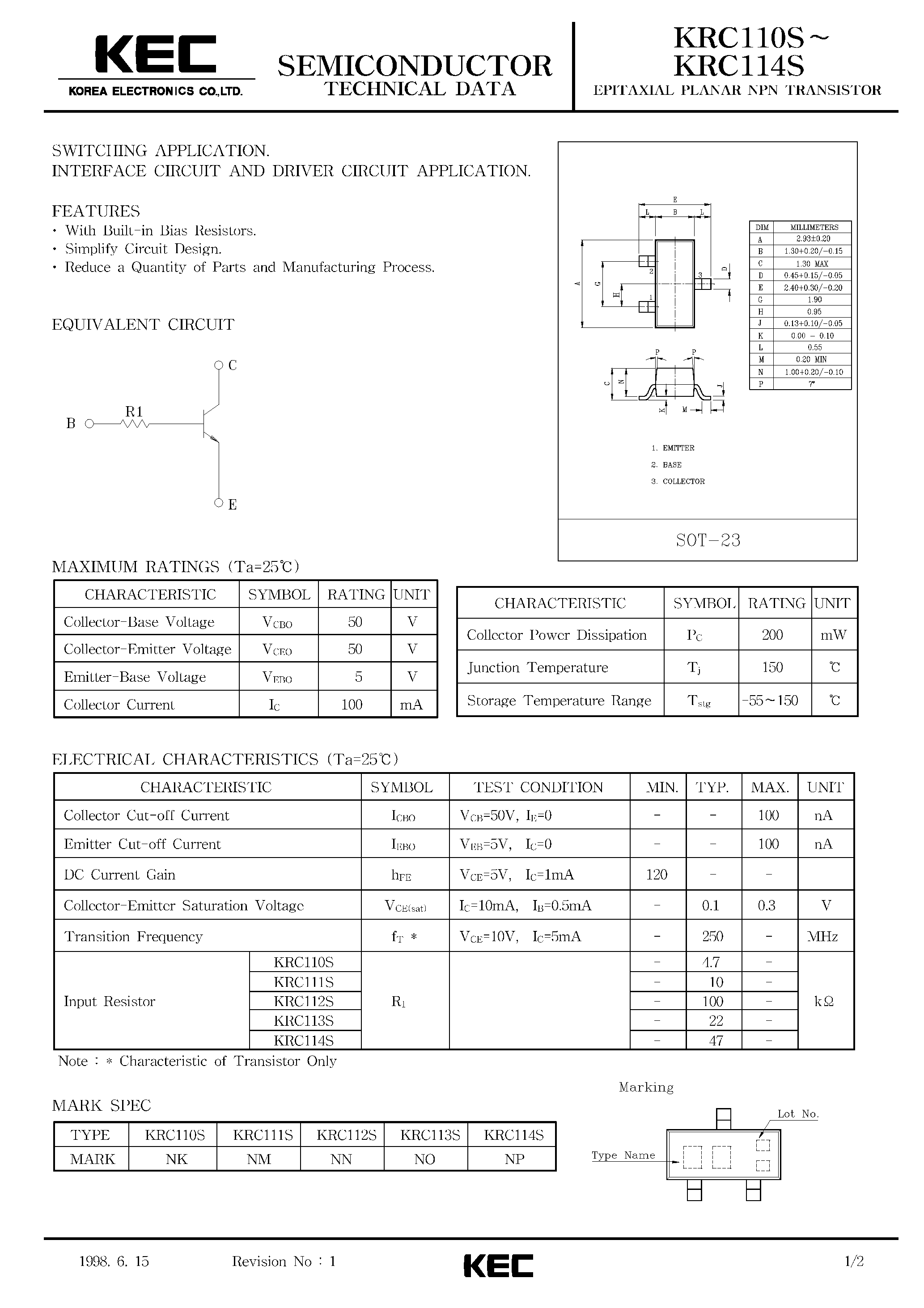 Datasheet KRC110S - (KRC110S - KRC114S) EPITAXIAL PLANAR PNP TRANSISTOR page 1