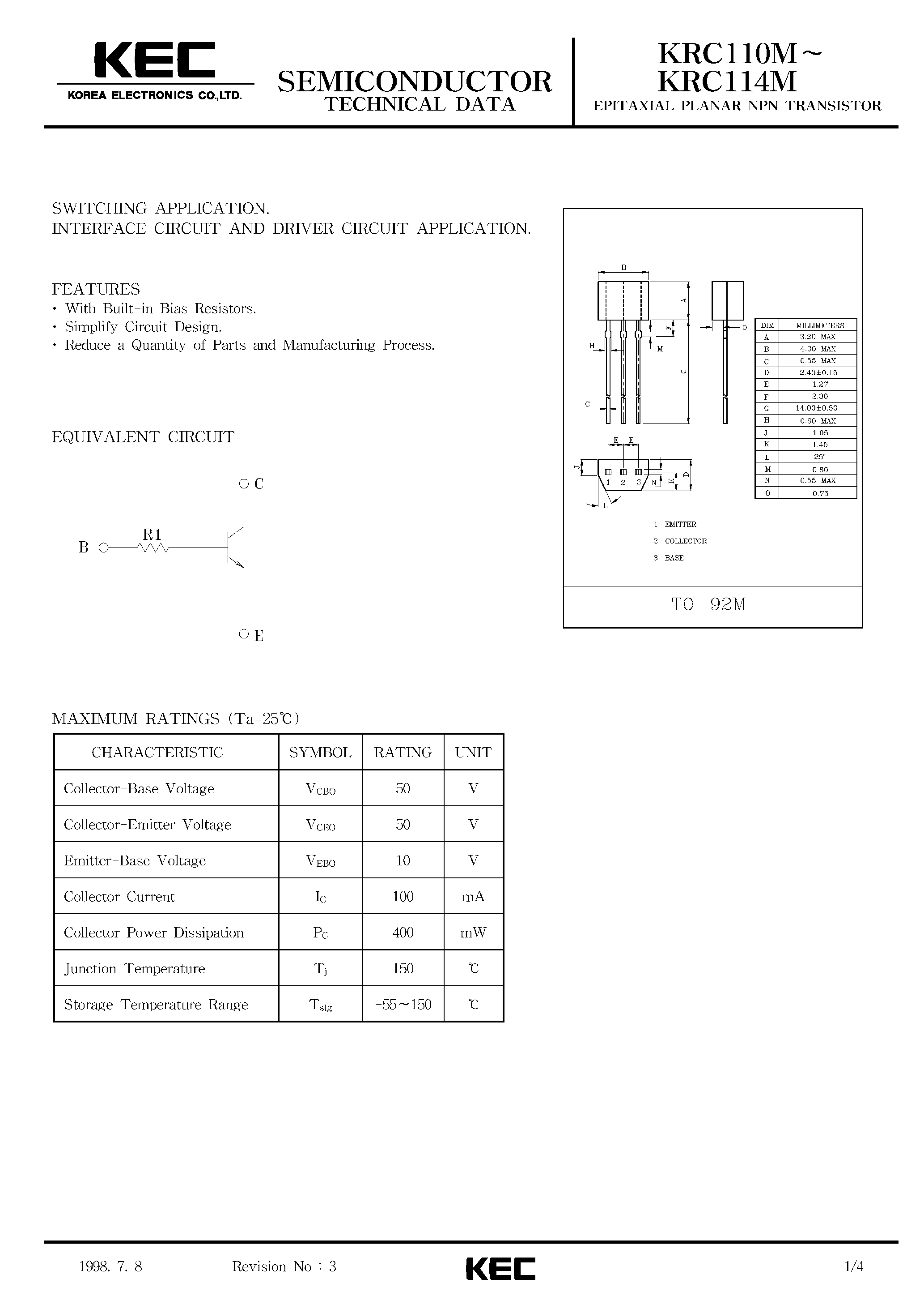 Datasheet KRC110M - (KRC110M - KRC114M) EPITAXIAL PLANAR PNP TRANSISTOR page 1