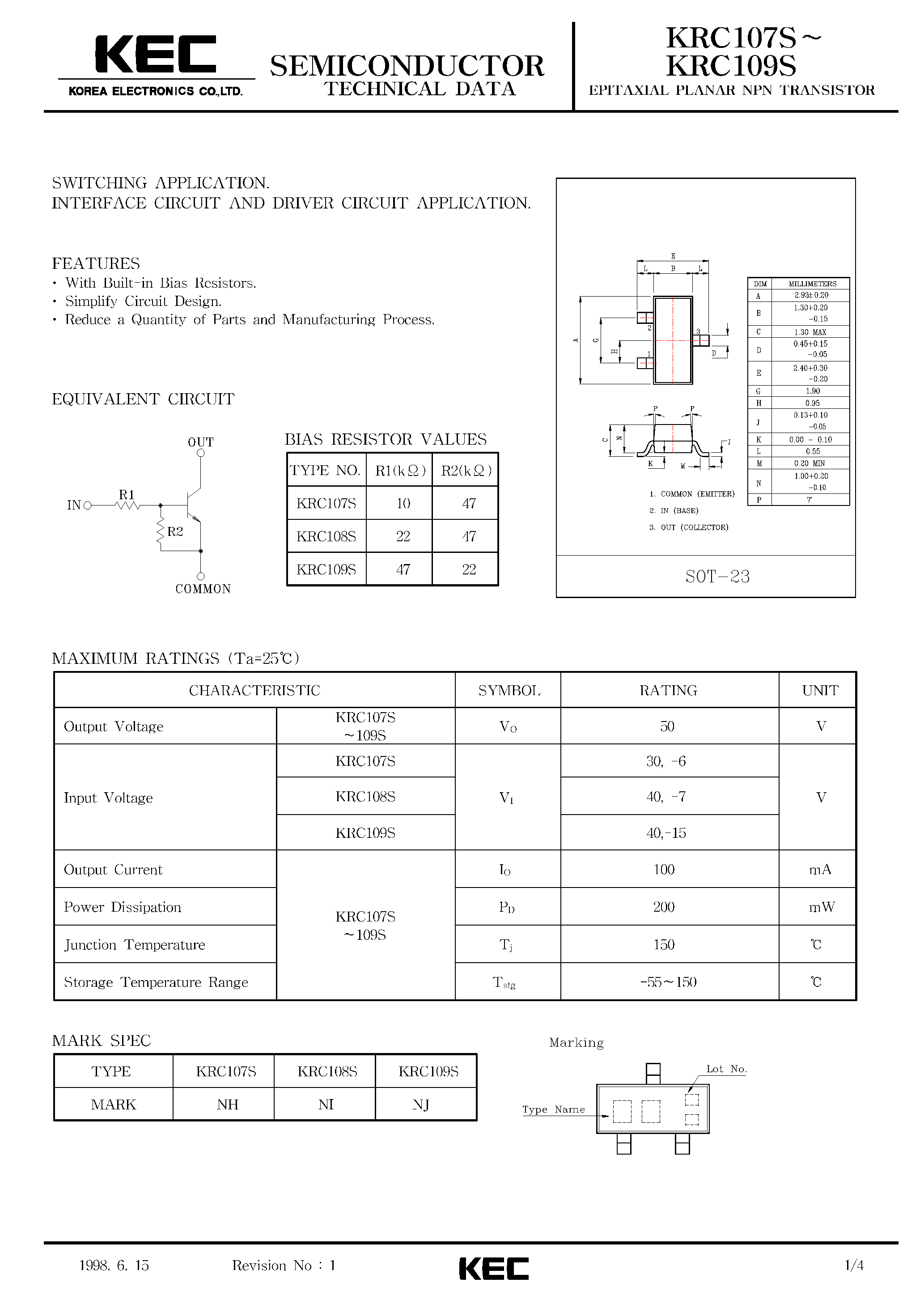 Datasheet KRC107S - (KRC107S - KRC109S) EPITAXIAL PLANAR PNP TRANSISTOR page 1