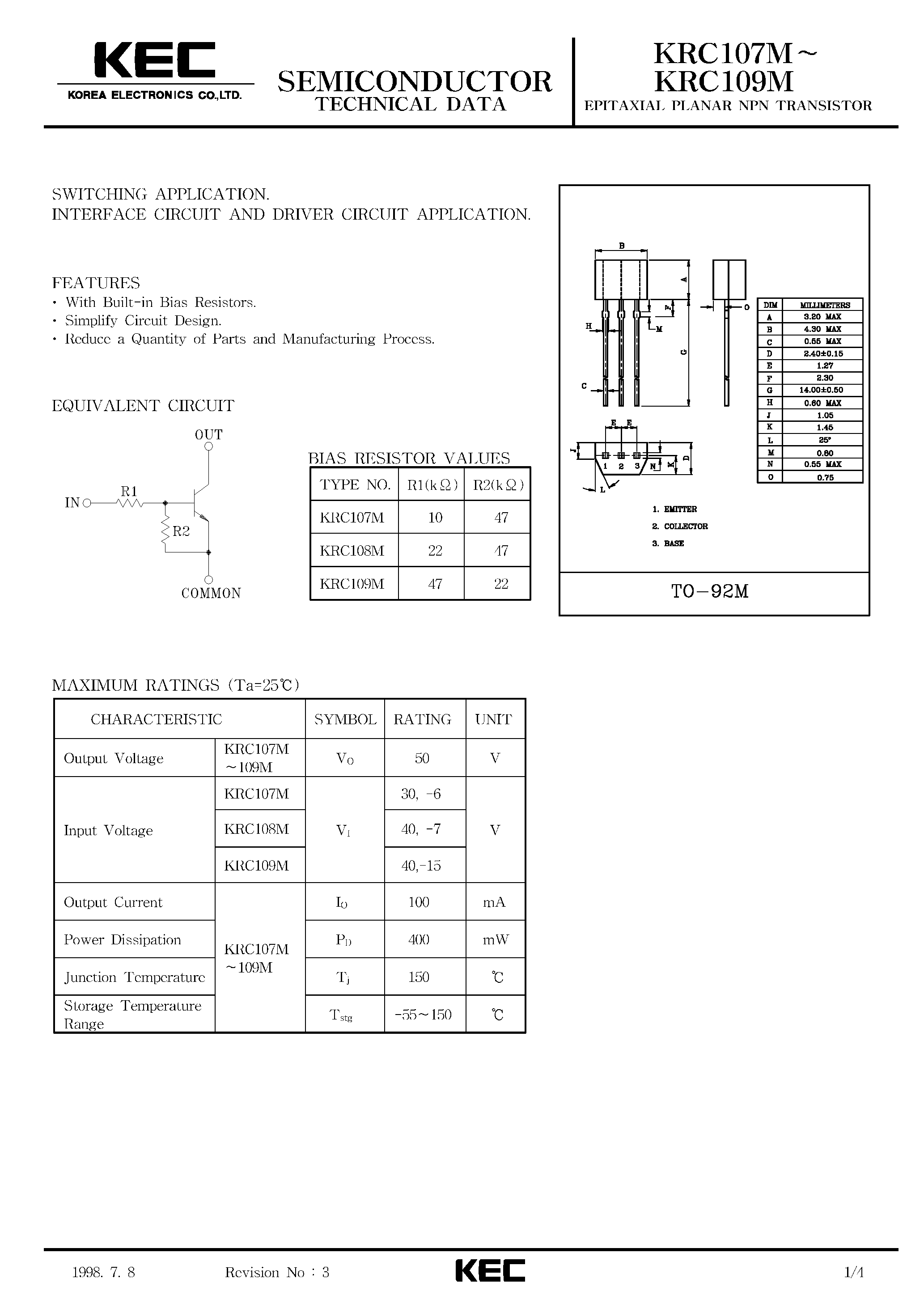 Datasheet KRC107M - (KRC107M - KRC109M) EPITAXIAL PLANAR PNP TRANSISTOR page 1