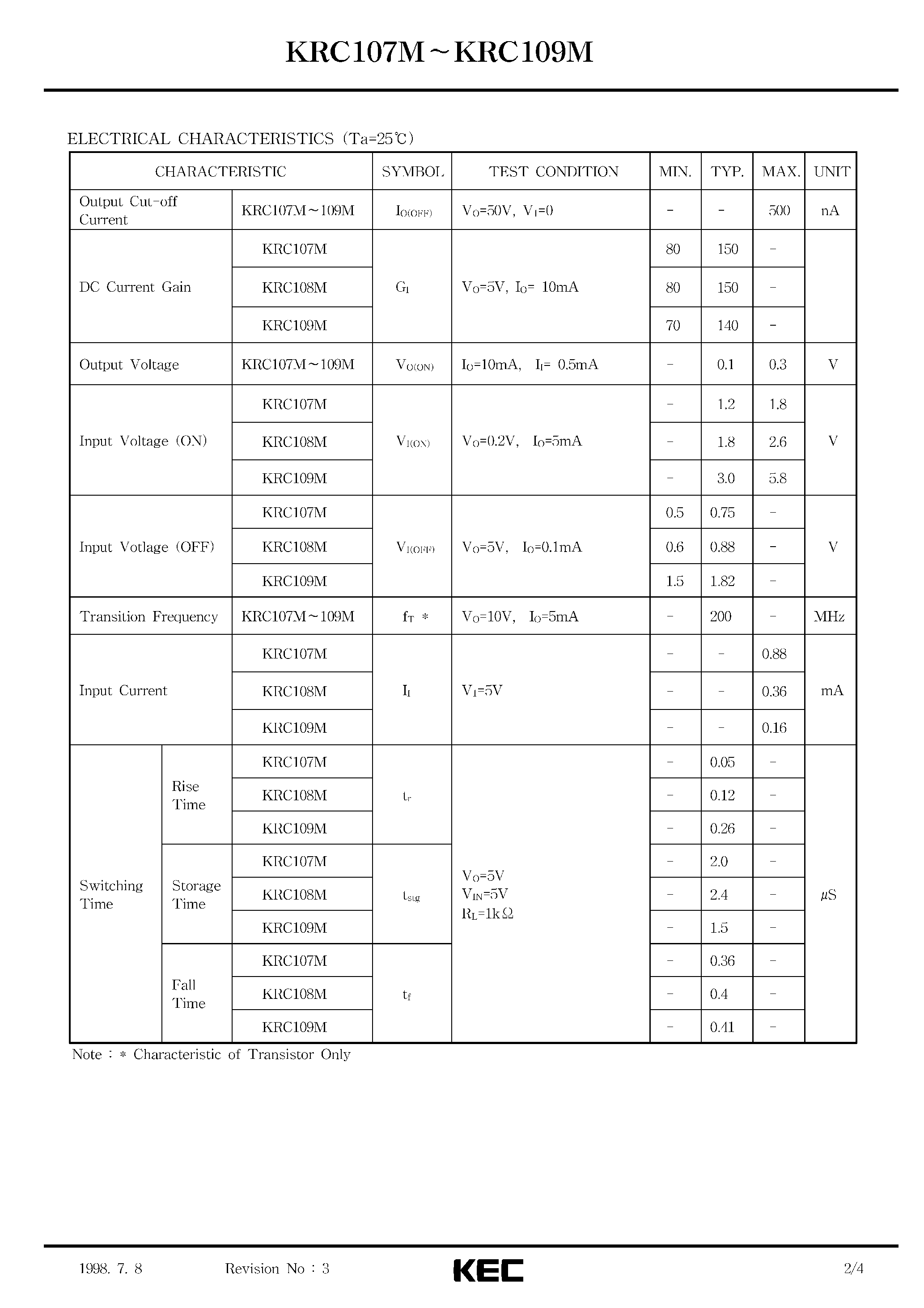 Datasheet KRC107M - (KRC107M - KRC109M) EPITAXIAL PLANAR PNP TRANSISTOR page 2