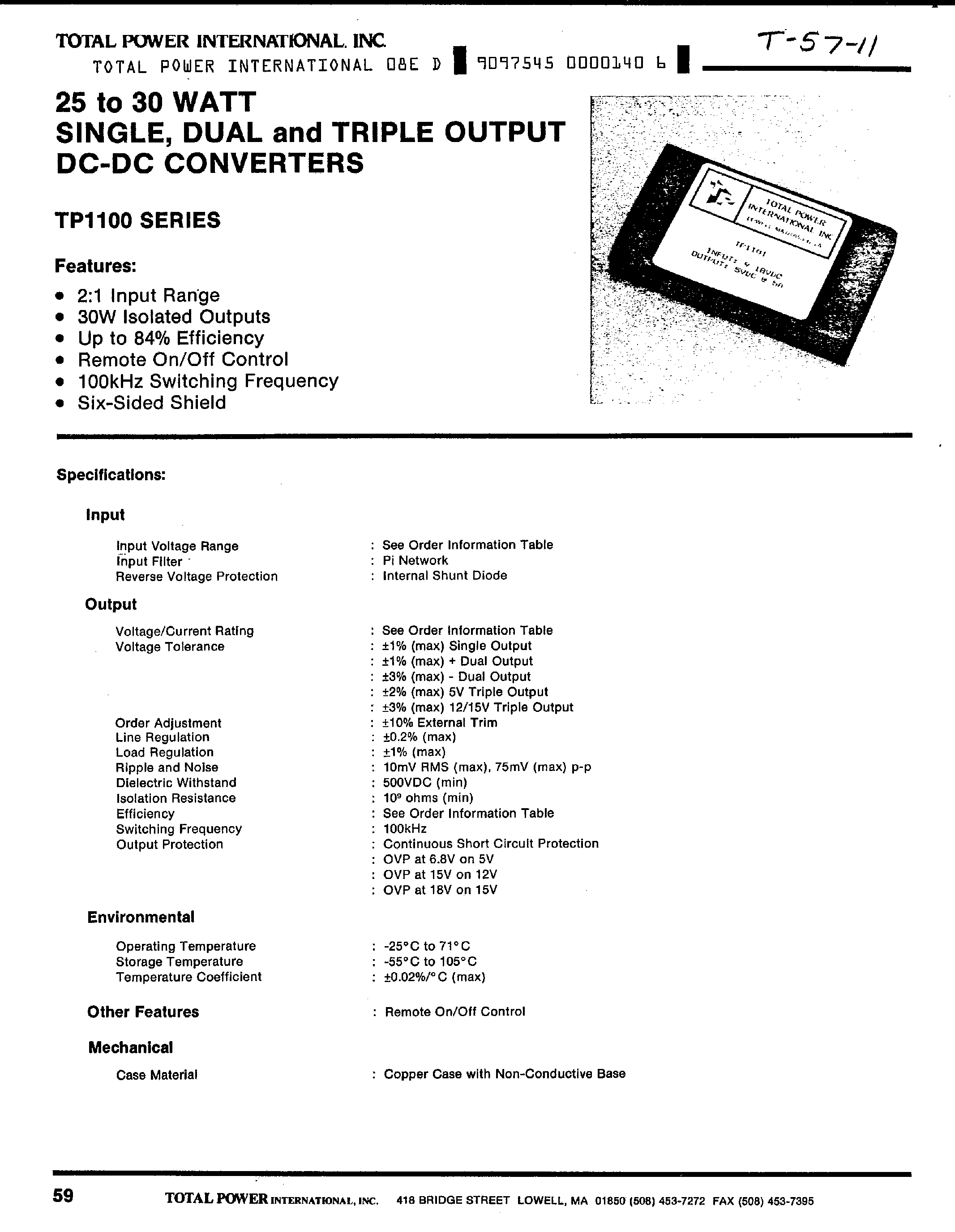Datasheet TP1101 - (TP1101 - TP1108) Single/Dual and Triple Output DC-DC Converters page 1